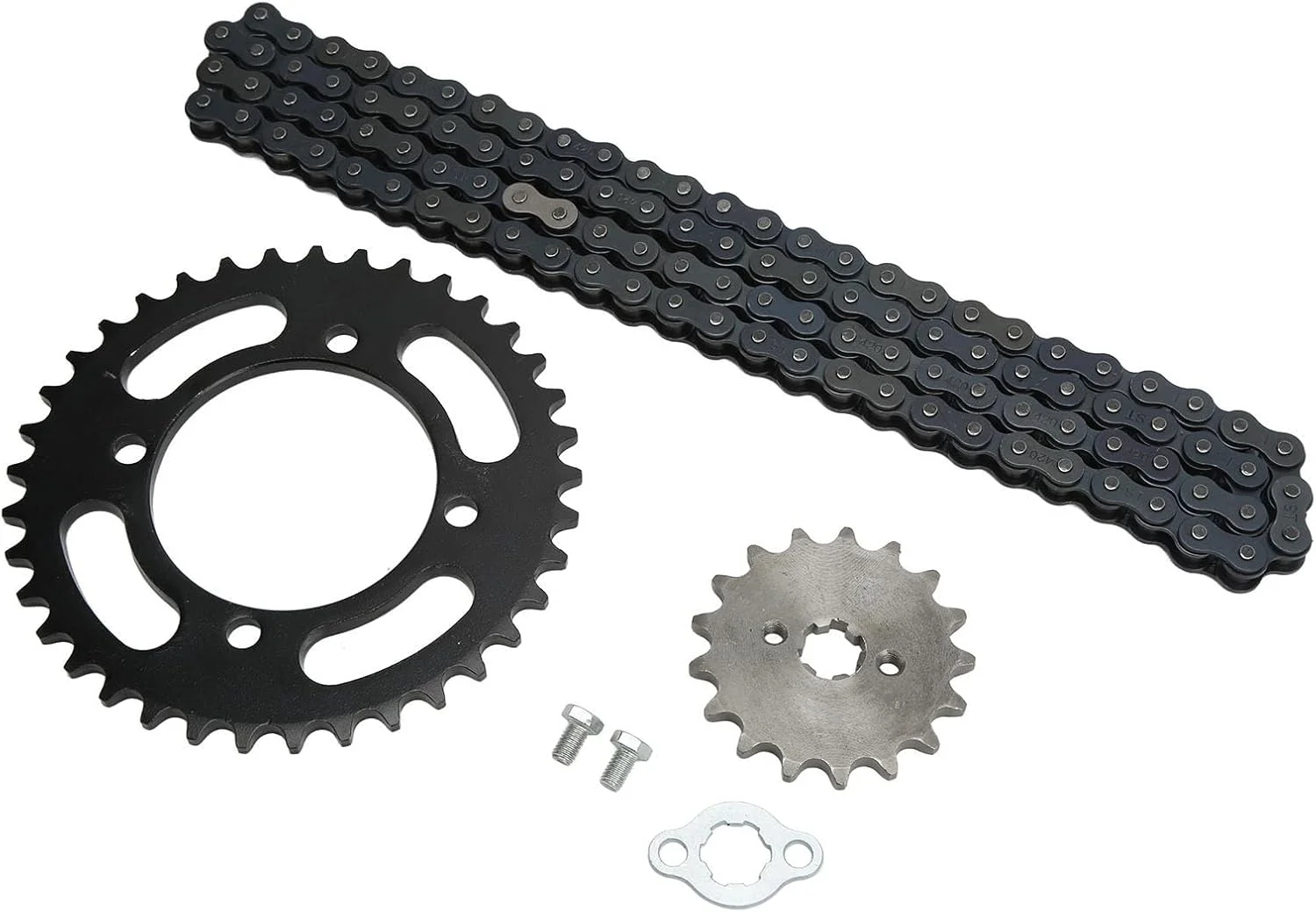 ست زنجیر و چرخ دنده حرارت دیده سوراندی 420 مناسب برای موتورهای خاکی، مینی موتورها، ATV و کارتینگ، ساخته شده از فولاد 45