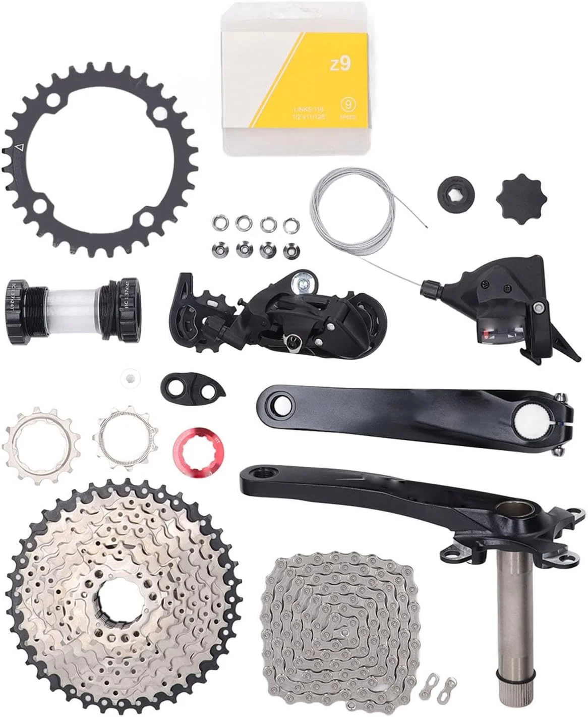 ست دنده چندگانه 11 تا 40T به همراه دسته دنده و شانژمان عقب، ست دنده 9 سرعته MTB، طبق قامه توخالی یکپارچه، زنجیر، قلاب دم، کیت محفظه طبق قامه دوچرخه کوهستان ست دنده چندگانه 11 تا 40T به همراه دسته دنده و شانژمان عقب، ست دنده 9 سرعته MTB، طبق قامه توخالی یکپارچه، زنجیر، قلاب دم، کیت محفظه طبق قامه دوچرخه کوهستان