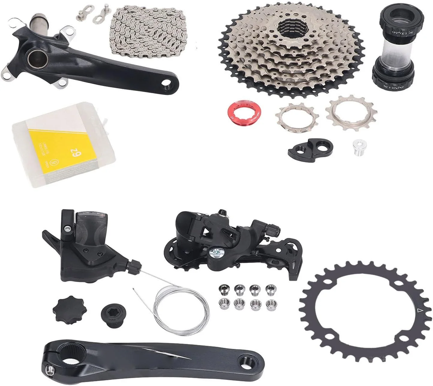 ست دنده چندگانه 11 تا 40T به همراه دسته دنده و شانژمان عقب، ست دنده 9 سرعته MTB، طبق قامه توخالی یکپارچه، زنجیر، قلاب دم، کیت محفظه طبق قامه دوچرخه کوهستان ست دنده چندگانه 11 تا 40T به همراه دسته دنده و شانژمان عقب، ست دنده 9 سرعته MTB، طبق قامه توخالی یکپارچه، زنجیر، قلاب دم، کیت محفظه طبق قامه دوچرخه کوهستان