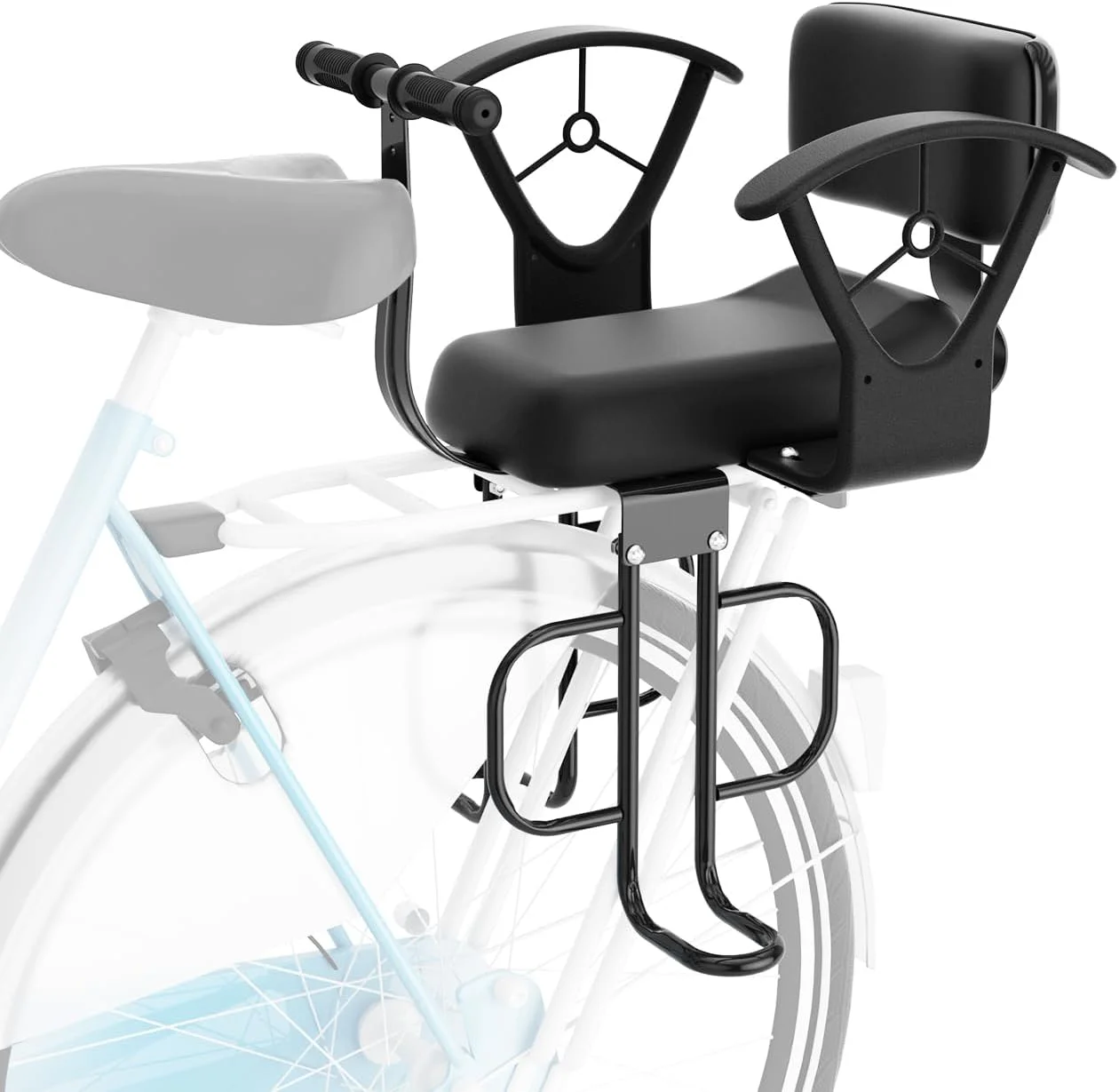 صندلی کودک دوچرخه پشتی، صندلی کودک نصب شده در عقب دوچرخه، صندلی کودک پشتی با تکیه گاه بازو و پدال پا، صندلی عقب دوچرخه با قابلیت تنظیم عرض، مناسب برای تمام فریم های عقب دوچرخه