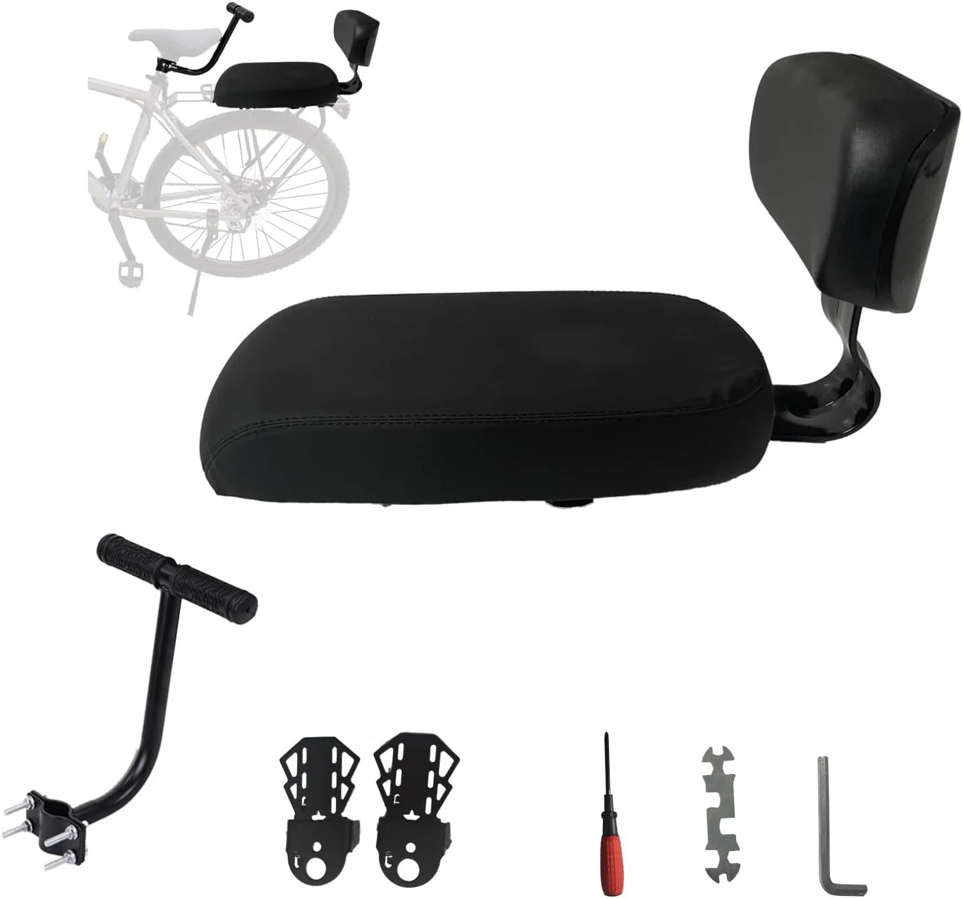 صندلی عقب دوچرخه با پشتی، کوسن نرم چرمی PU، صندلی سرنشین دوچرخه، صندلی عقب دوچرخه کودک شامل کوسن و تکیه گاه، دسته و جاپایی
