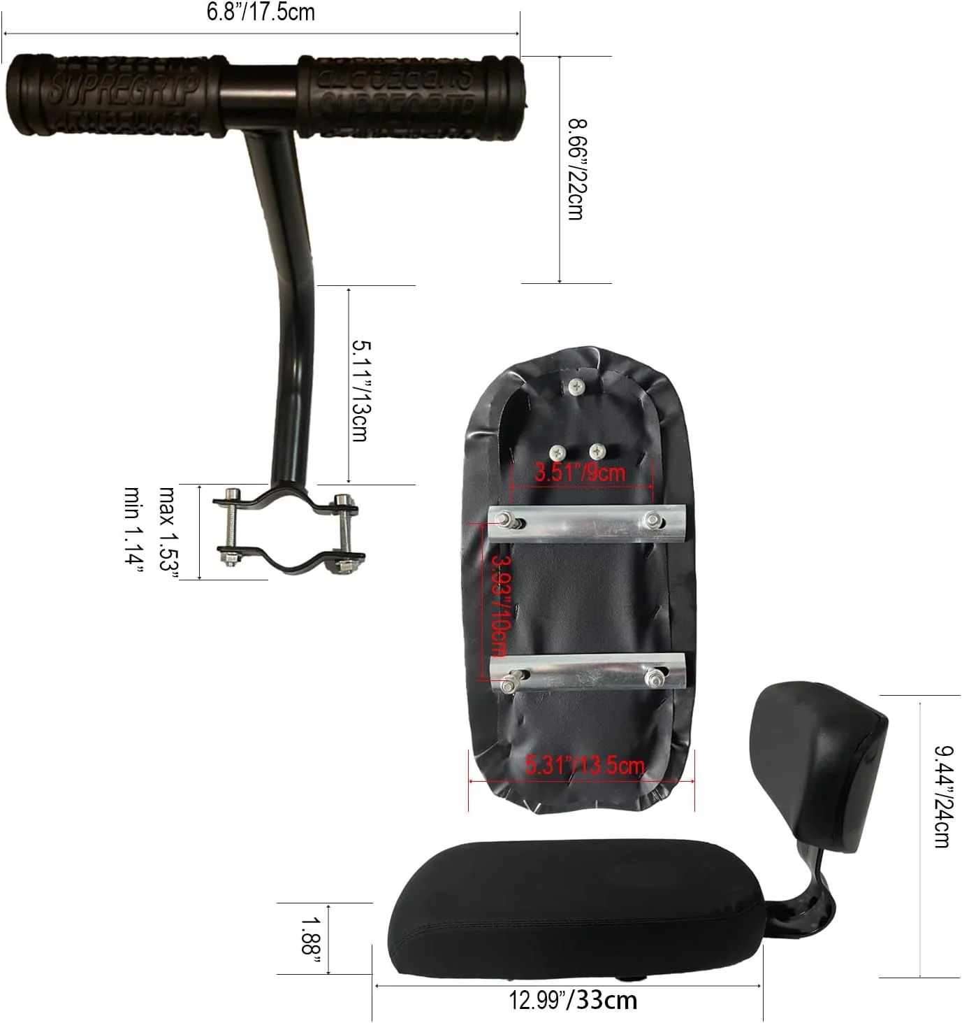 صندلی عقب دوچرخه با پشتی، کوسن نرم چرمی PU، صندلی سرنشین دوچرخه، صندلی عقب دوچرخه کودک شامل کوسن و تکیه گاه، دسته و جاپایی
