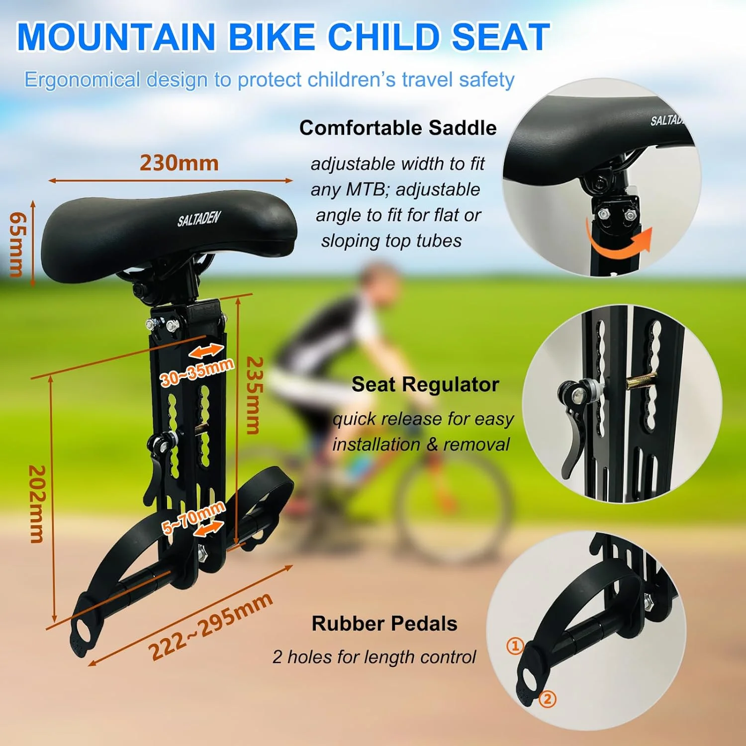 صندلی جلوی دوچرخه کودک، صندلی دوچرخه کودک قابل جابجایی با فرمان و پدال برای کودکان 2 تا 6 سال (تا 30 کیلوگرم)، صندلی دوچرخه کودک، صندلی کودک برای دوچرخه کوهستان