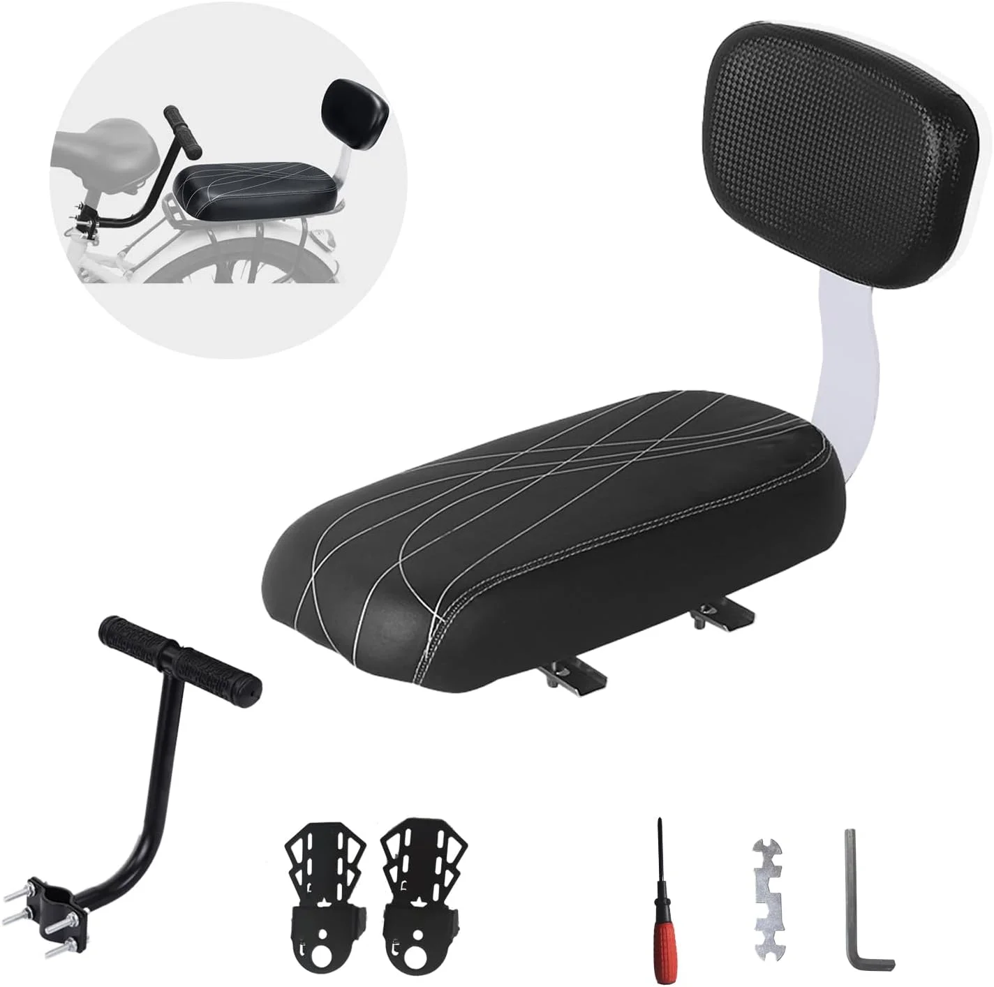 مجموعه پشتی صندلی عقب دوچرخه، تکیه گاه دست، جاپایی، روکش چرمی نرم PU شامل کوسن و پشتی، نرده محافظ دست، جاپایی، زنگ