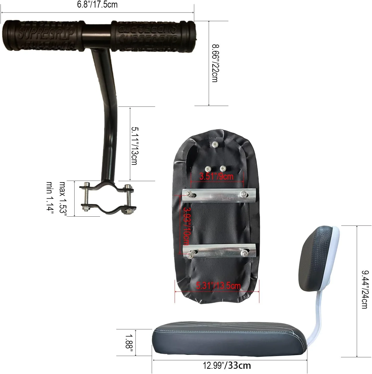 مجموعه پشتی صندلی عقب دوچرخه، تکیه گاه دست، جاپایی، روکش چرمی نرم PU شامل کوسن و پشتی، نرده محافظ دست، جاپایی، زنگ