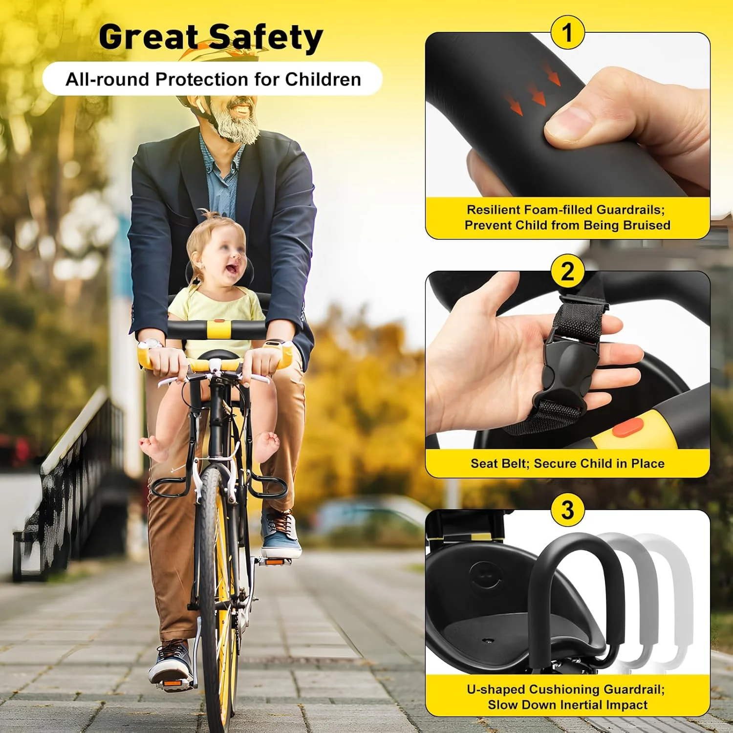 صندلی دوچرخه کودک، صندلی تاشو قابل حمل نصب شده در جلو، مناسب برای انواع دوچرخه