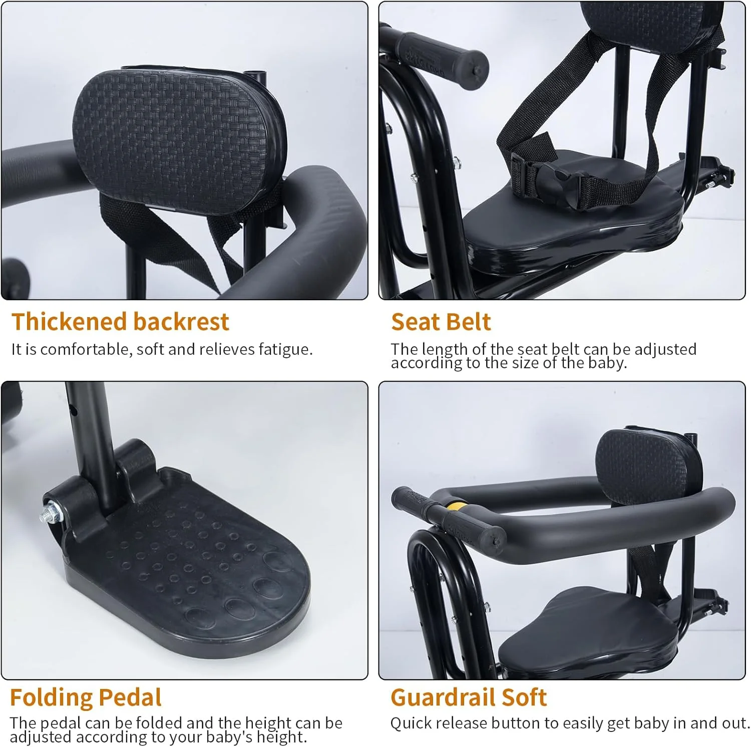 صندلی جلویی دوچرخه کودک، صندلی کودک قابل جابجایی برای دوچرخه، مناسب برای کودکان 2 تا 6 سال (تا 30 کیلوگرم)، مناسب برای دوچرخه های کوهستانی، دوچرخه های شهری، دوچرخه های تاشو