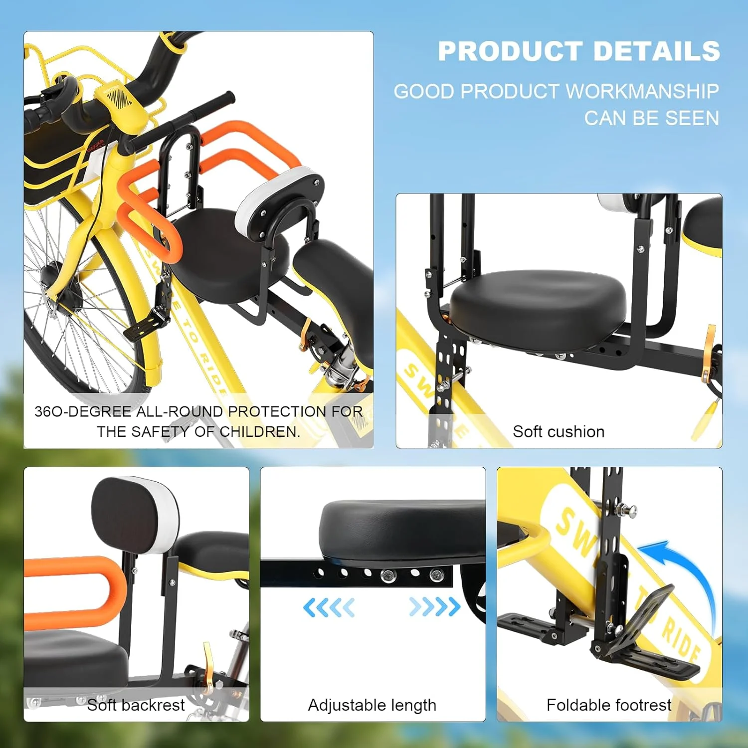 صندلی تاشو دوچرخه کودک، صندلی قابل حمل کودک که در قسمت جلوی دوچرخه نصب می شود، طراحی شده برای انواع دوچرخه ها، مناسب برای کودکان 2 تا 6 سال