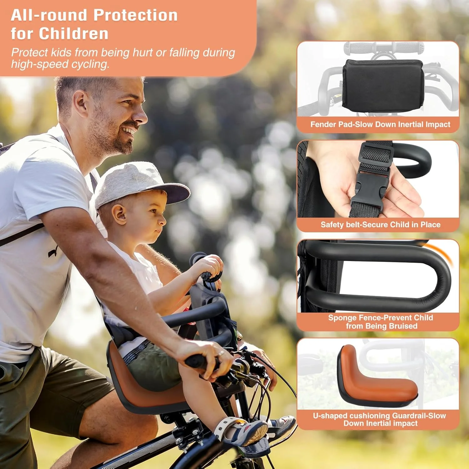 صندلی کودک دوچرخه MEGHNA، نصب در قسمت جلوی دوچرخه بزرگسال، صندلی راحت کودک با پشتی، ارتفاع و موقعیت قابل تنظیم، صندلی کودک دوچرخه با پدال پا برای نوزاد و کودک نوپا