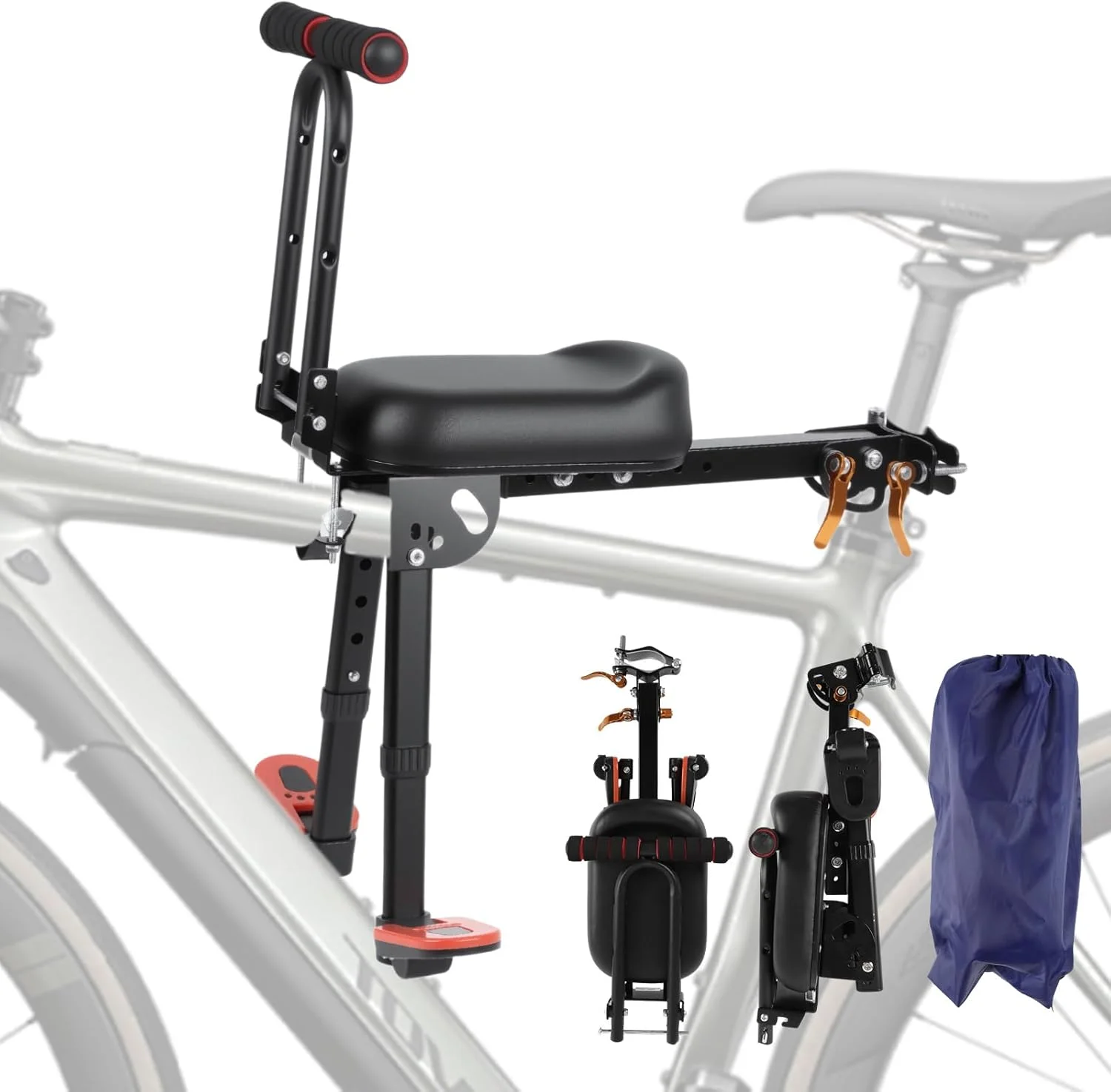 صندلی تاشو دوچرخه کودک، صندلی جلویی دوچرخه برای کودکان روی دوچرخه بزرگسالان، صندلی قابل حمل با قابلیت جدا شدن سریع به همراه کیف حمل برای تمام دوچرخه های کوهستانی