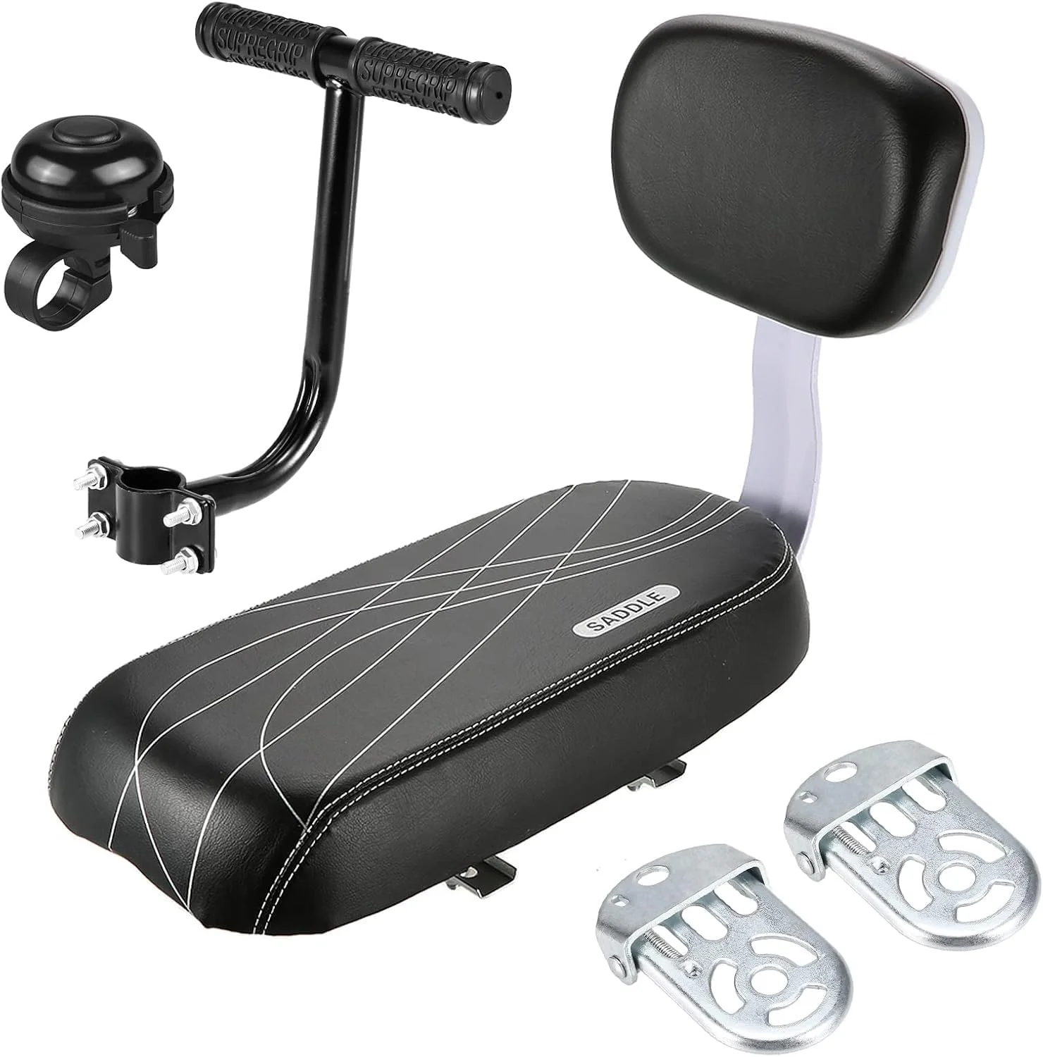 صندلی کودک دوچرخه سواری LIANZHU، کیت صندلی پشتی دوچرخه کودک با زنگ، تکیه گاه پا و دسته، مجموعه حامل ایمنی کودک