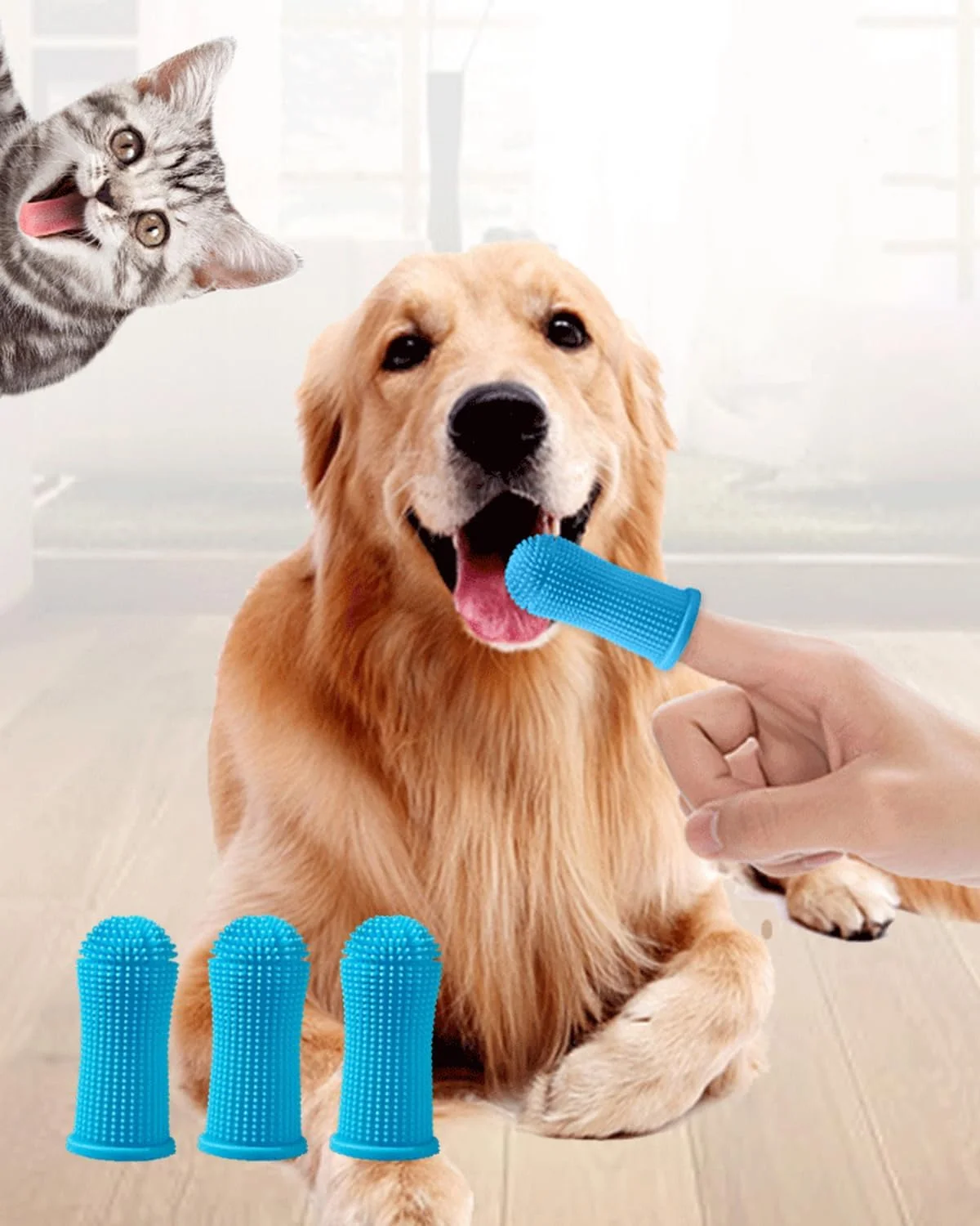 ۴ عدد لوازم حمام حیوانات خانگی - طراحی ارگونومیک انگشتی، برس های بهداشت دهان و دندان برای سگ ها و گربه ها (آبی)