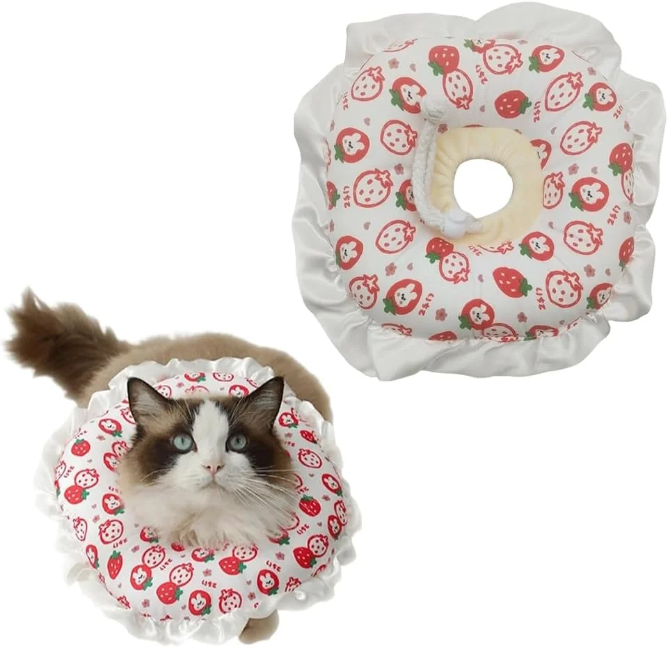 طوق گردنی نرم و قابل تنظیم HASTHIP® برای دوران نقاهت گربه، طوق الیزابت دایره‌ای و راحت به شکل دونات، طرح توت فرنگی، طوق محافظتی نرم برای گربه‌ها و سگ‌های کوچک (M، 15-31 سانتی‌متر)