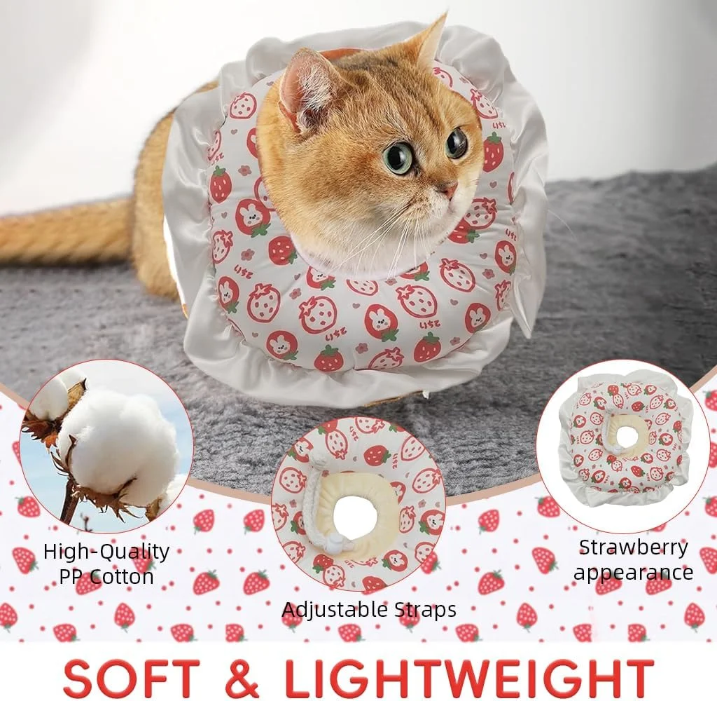 طوق گردنی نرم و قابل تنظیم HASTHIP® برای دوران نقاهت گربه، طوق الیزابت دایره‌ای و راحت به شکل دونات، طرح توت فرنگی، طوق محافظتی نرم برای گربه‌ها و سگ‌های کوچک (M، 15-31 سانتی‌متر)