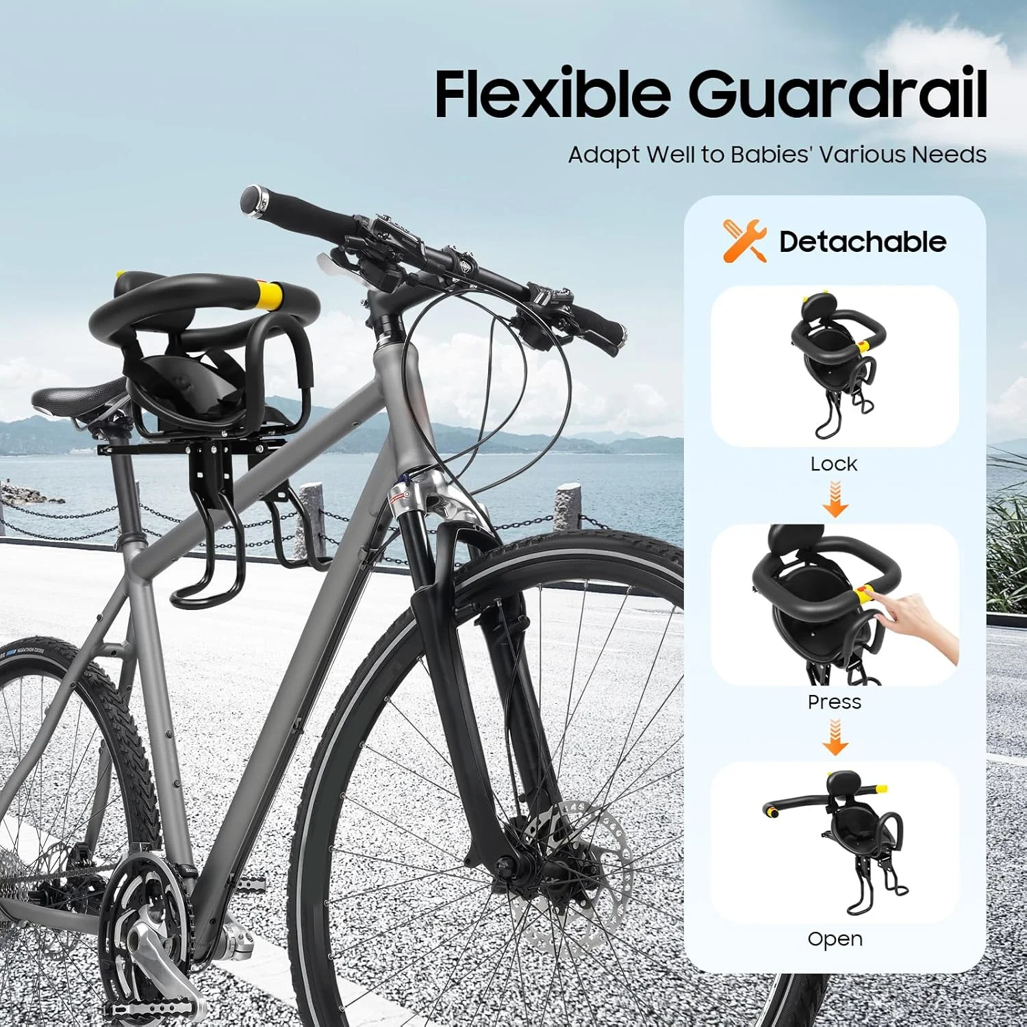 صندلی دوچرخه کودک، نصب در جلو با نرده و پدال، صندلی تاشو دوچرخه کودک نصب در جلو، صندلی ایمنی قابل حمل کودک برای دوچرخه بزرگسالان - مشکی