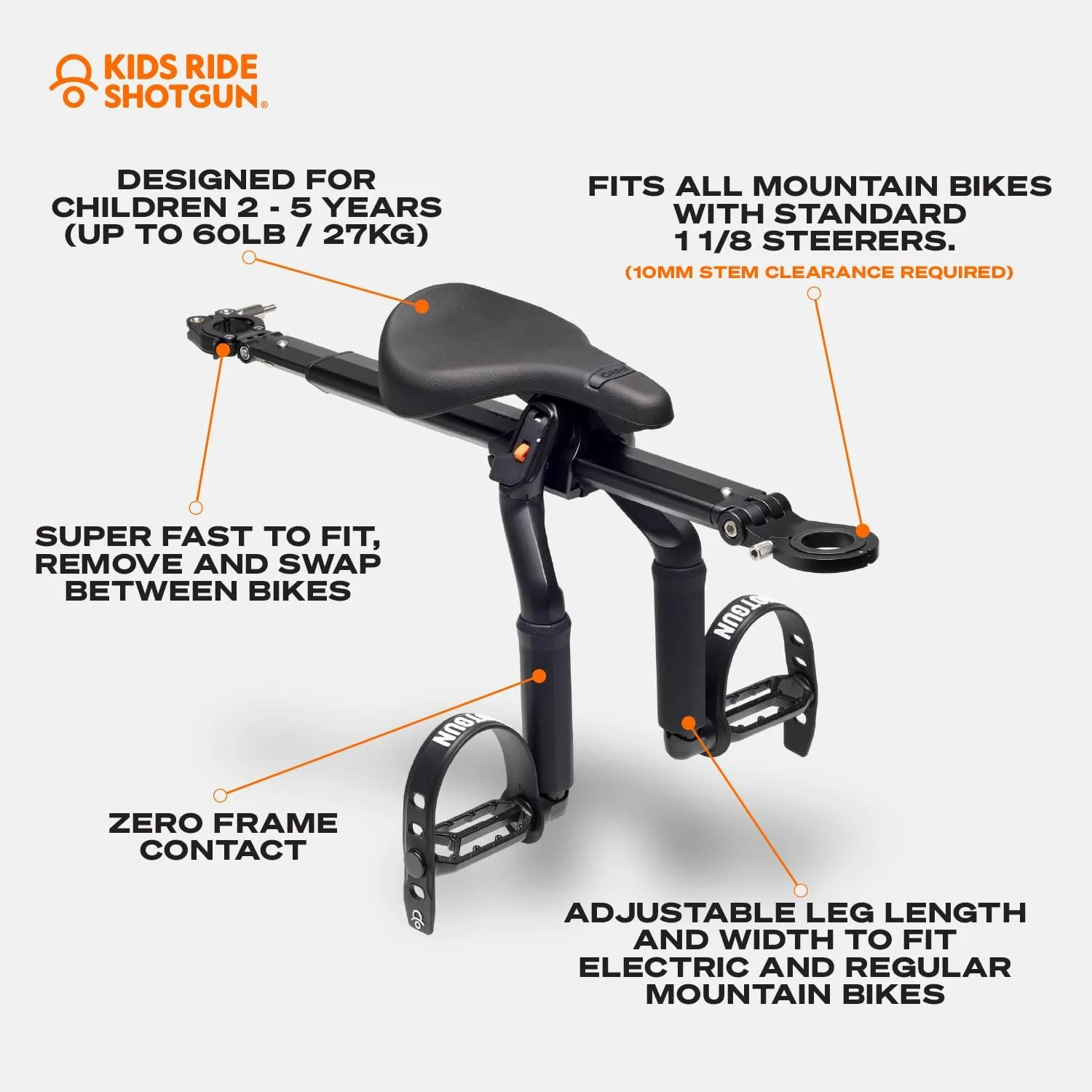 صندلی دوچرخه کودک و دسته فرمان مدل پرو – زین قاشقی منحصربه‌فرد، سازگاری بیشتر با دوچرخه‌های کوهستانی و برقی، بدون تماس با بدنه، کاملاً قابل تنظیم