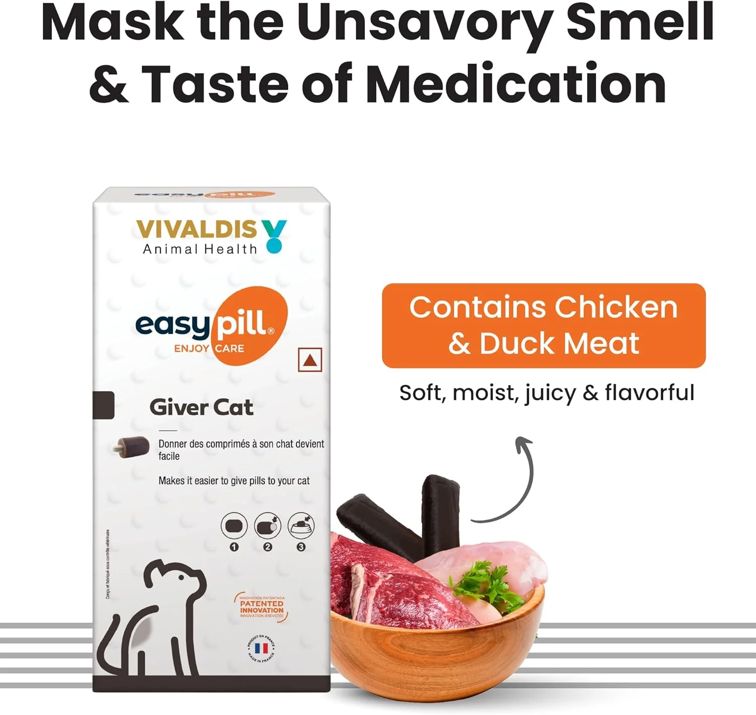 BARK OUT LOUD by Vivaldis - Easy Pill Cat | پدهای خوشمزه برای پنهان کردن طعم و بوی داروها (قرص و مایع) | بسیار خوش خوراک با گوشت مرغ و اردک 3 عدد X 10 گرم، مناسب تمام سنین