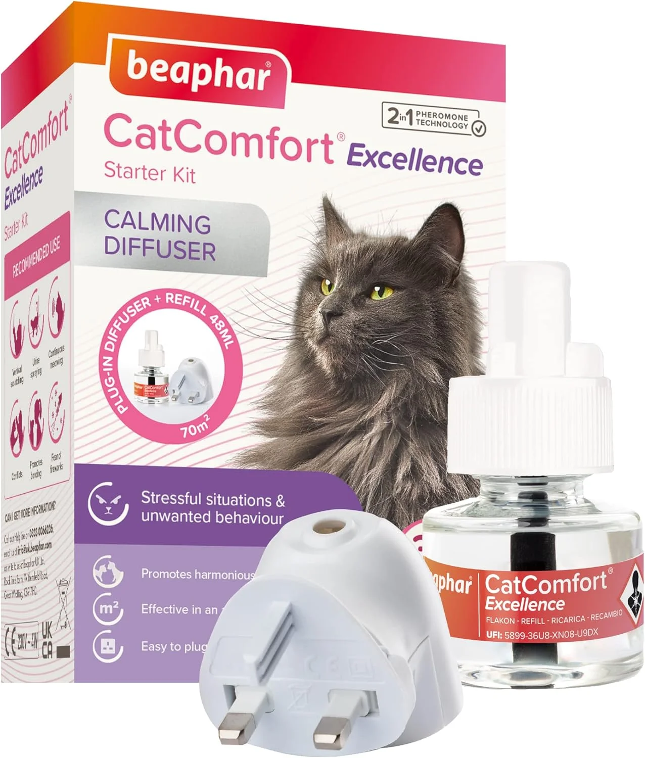 Beaphar | CatComfort Excellence | پخش کننده آرامش بخش برای گربه ها | پلاگین و شارژ مجدد | بهینه سازی احساسات اطمینان و آسایش | ترویج زندگی هماهنگ | پوشش منطقه 70 متر مربع | ماندگاری تا 30 روز