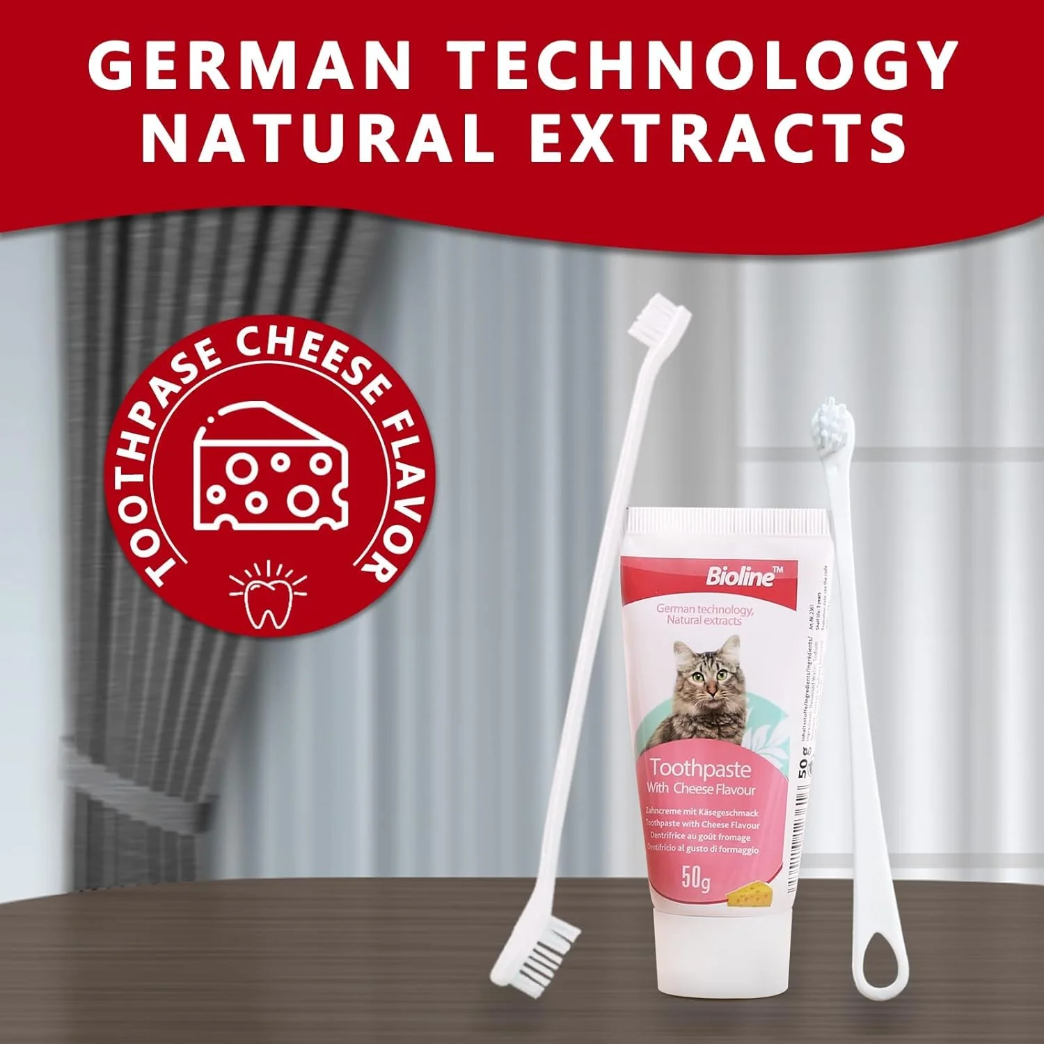 مجموعه بهداشت دهان و دندان بایولاین برای گربه ها - طعم پنیر - خمیر دندان و مسواک گربه