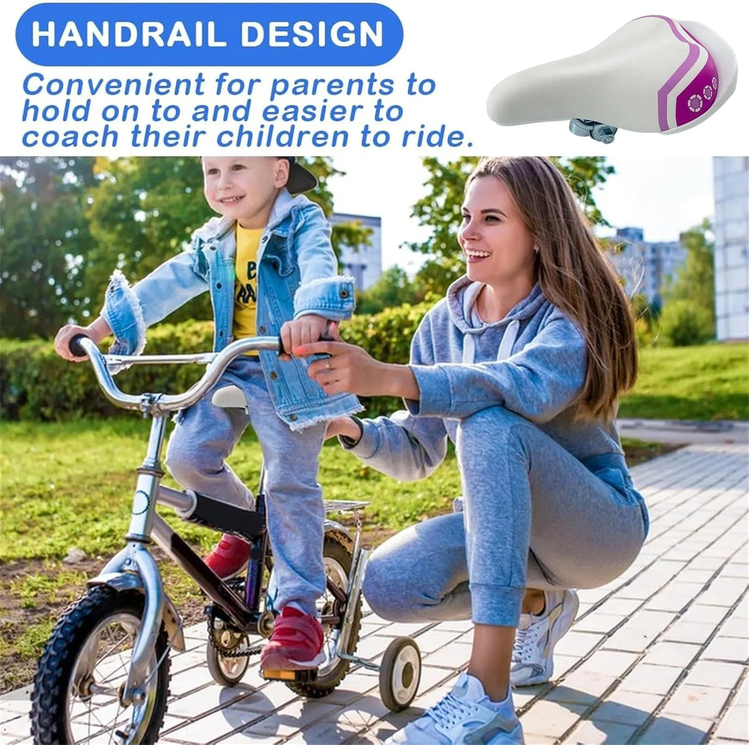 زین پهن دوچرخه برای دوچرخه های کودکان 12، 14، 16 و 18 اینچ، زین جایگزین راحت برای دوچرخه های دخترانه، مناسب برای لوله زین 22.2 میلی متری، لوازم جانبی دوچرخه کودکان، صورتی و بنفش