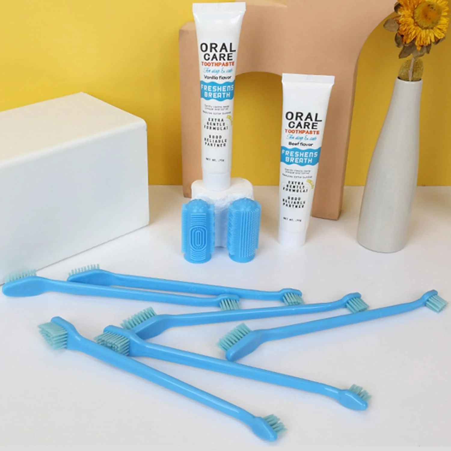 کیت مسواک سگ، لوازم قابل حمل پاک کننده جرم، کیت مسواک دو طرفه - برای توله سگ، گربه و حیوانات کوچک، متوسط و بزرگ