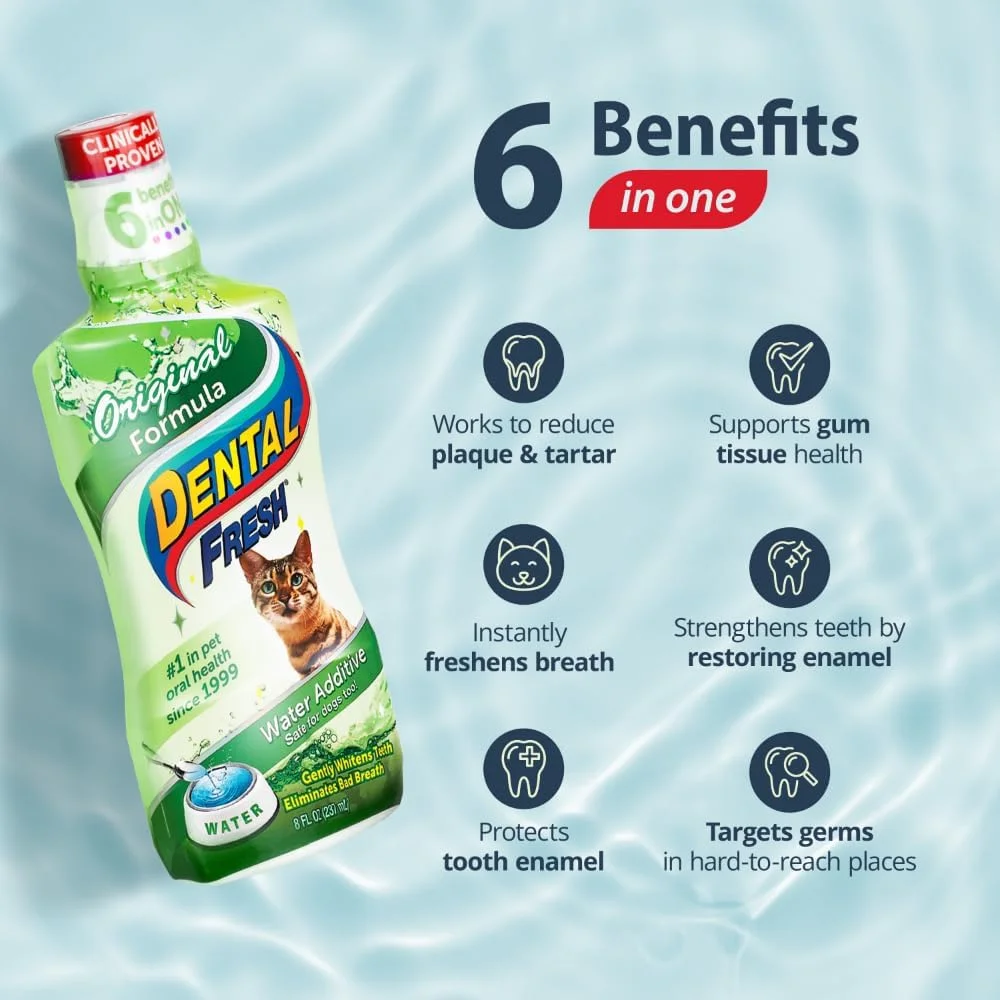 محلول افزودنی آب طعم دهنده دهان گربه، فرمول اصلی، 236 میلی لیتر - درمان بوی بد دهان برای گربه ها - برای سفید کردن دندان ها و از بین بردن بوی بد دهان به کاسه آب اضافه کنید - تمیز کردن دندان گربه برای بهبود سلامت دهان