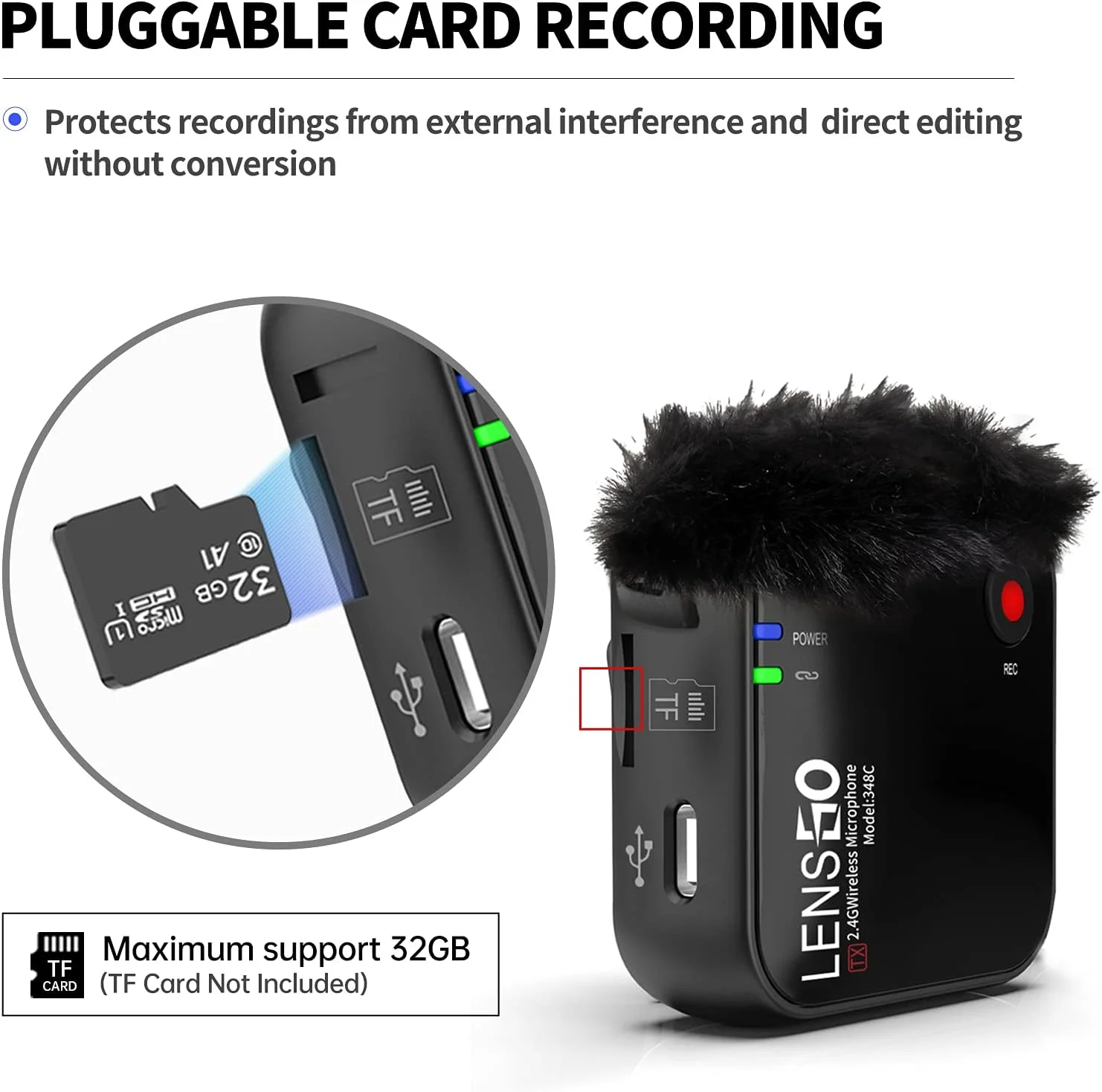سیستم میکروفون یقه ای بی سیم LENSGO 348C 2.4G، دارای درگاه کارت TF، شامل 2 فرستنده و 1 گیرنده، میکروفون لاوالیر برای گوشی های هوشمند آیفون، دوربین، ولاگ، یوتیوب، مصاحبه، فیلمبرداری مدل B