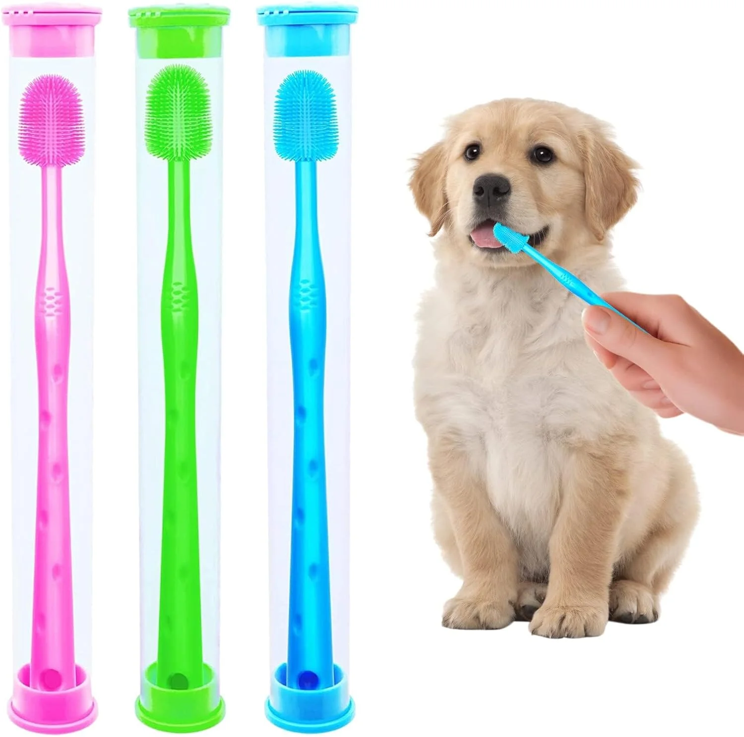مسواک انگشتی سگ Excefore 360 درجه، 6 عدد مسواک گربه سیلیکونی دسته دار قابل استفاده مجدد با محفظه نگهداری، مسواک توله سگ، مبارزه با پلاک دندان برای سگ و گربه (صورتی+سبز+آبی)