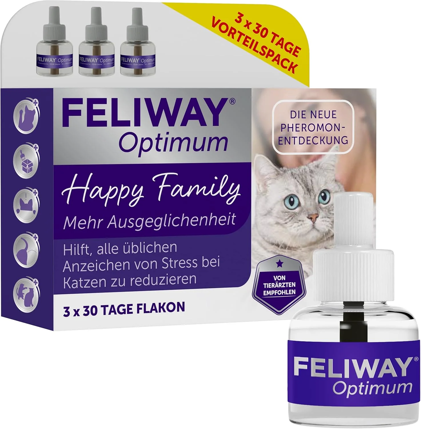 پک سه عددی خوشبو کننده و پخش کننده فرمون گربه FELIWAY Optimum، 3 عدد 48 میلی لیتری - کمک به کاهش علائم استرس در گربه ها و بچه گربه ها، توصیه شده توسط دامپزشکان، از نظر بالینی برای هماهنگی بیشتر تست شده است