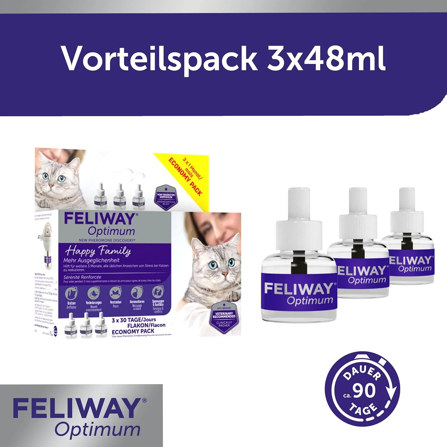 پک سه عددی خوشبو کننده و پخش کننده فرمون گربه FELIWAY Optimum، 3 عدد 48 میلی لیتری - کمک به کاهش علائم استرس در گربه ها و بچه گربه ها، توصیه شده توسط دامپزشکان، از نظر بالینی برای هماهنگی بیشتر تست شده است