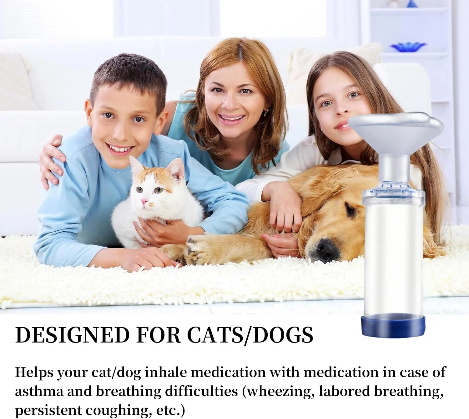 محفظه آئروسل، اسپیسر استنشاقی برای گربه ها یا سگ ها، برای حیوانات خانگی، با ماسک، به تنفس و پخش دارو کمک می کند