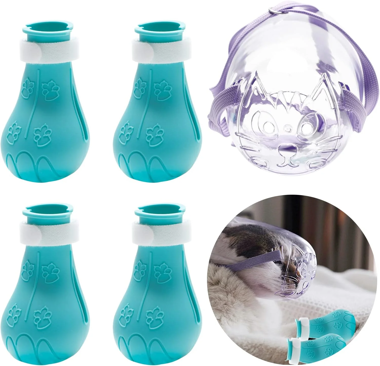 ست پوزه بند گربه و چکمه گربه، لوازم نظافت گربه، روکش ناخن گربه با کلاه قابل تنظیم، پوزه بند هواخور ضد گاز گرفتن، چکمه های ضد خش سیلیکونی محافظ پنجه برای حمام