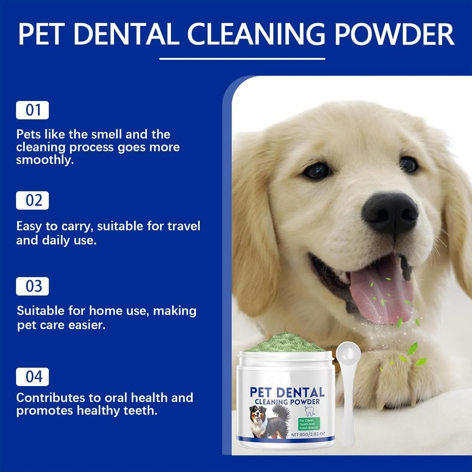 پودر تمیز کننده دندان سگ KASTWAVE، خوشبو کننده دهان گربه و سگ به همراه قاشق، مراقبت ایمن از دهان و دندان حیوانات خانگی، از بین برنده پلاک، جرم، لکه ها، پودر سفید کننده و تمیز کننده دندان، 80 گرم