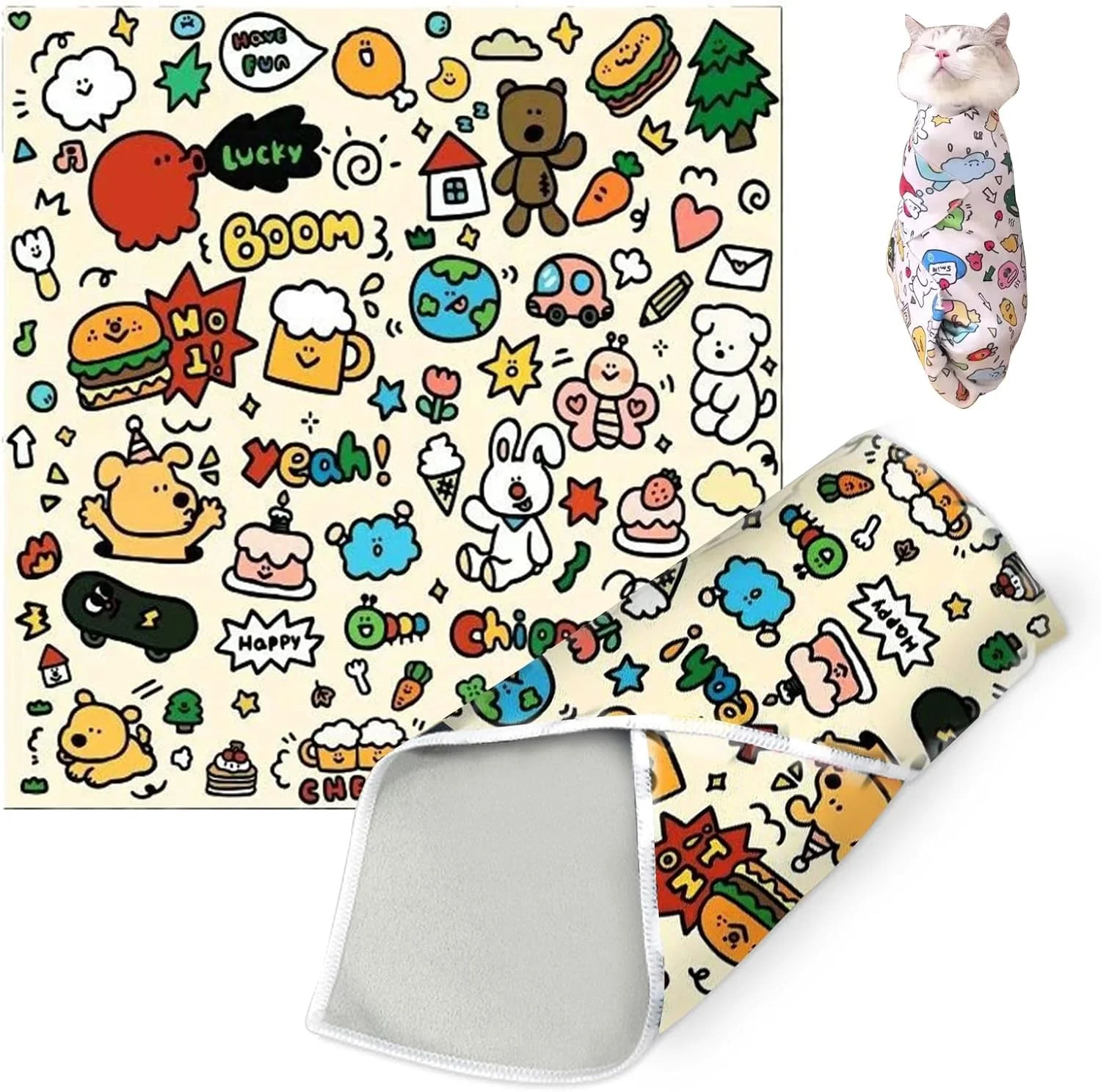 روپوش نظافت گربه COOLive، روپوش خودچسب گربه، ضد چنگ و گاز، کیسه نظافت ضد فرار برای کوتاه کردن ناخن گربه، تمیز کردن گوش و مسواک زدن دندان (طرح های گرافیتی 27.6 × 27.6 اینچ)