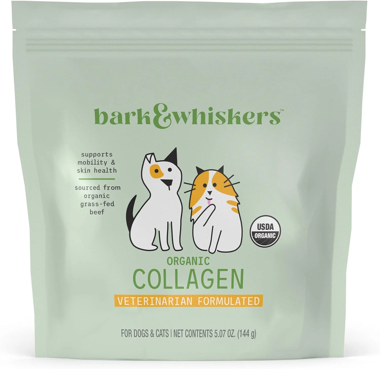 کلاژن ارگانیک Bark & Whiskers برای سگ و گربه، 144 گرم، گوشت گاو تغذیه شده با علف ارگانیک، پشتیبانی از تحرک و سلامت پوست، فرموله شده توسط دامپزشک، غیر GMO، دارای گواهی USDA ارگانیک، دکتر مرcola