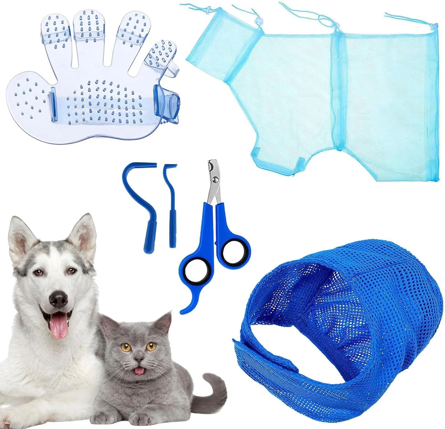 کیف اصلاح گربه | ست اصلاح حیوانات خانگی، کیف توری دوش گربه، لوازم حمام قابل تنظیم و تنفسی با ناخن گیر برای پیرایش در محیط داخلی