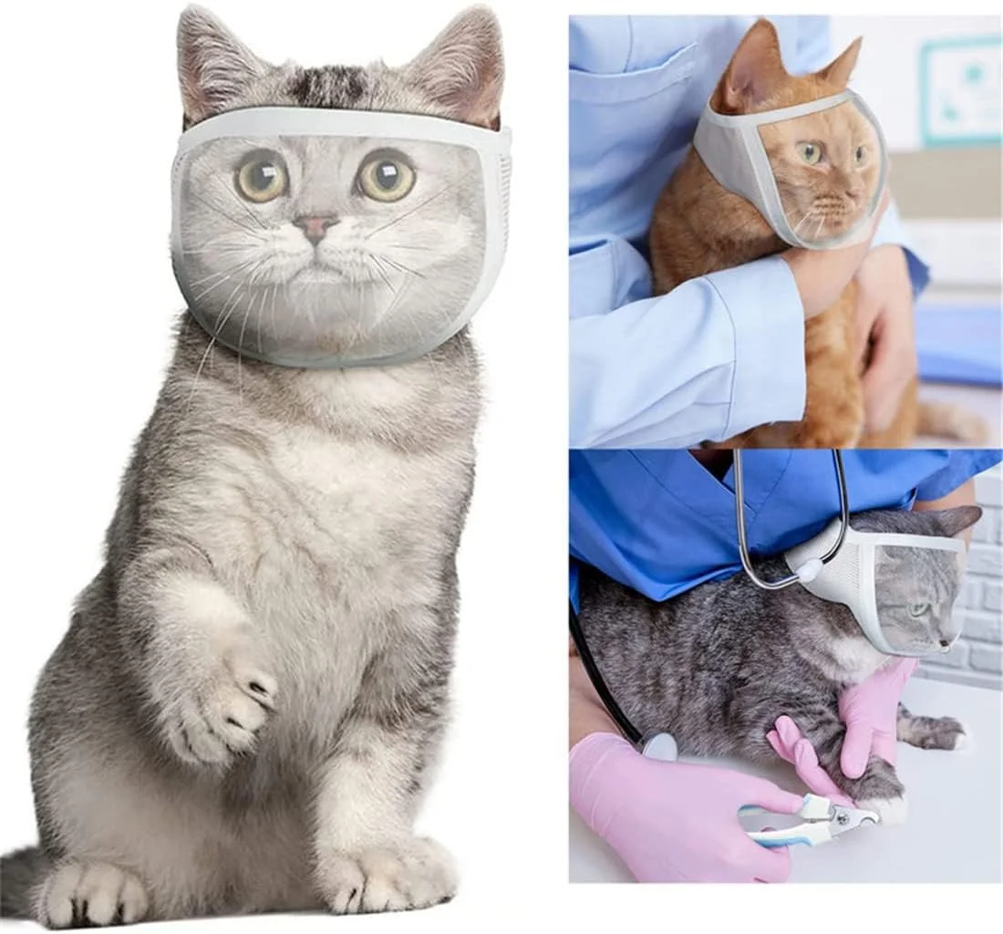 پوشش دهان گربه، ماسک صورت تنفسی گربه، پوزه توری شفاف گربه، کلاه حیوان خانگی گربه برای جلوگیری از خراش و گاز گرفتن، برای کوتاه کردن ناخن حیوانات خانگی کوچک، نظافت، سفید (M)