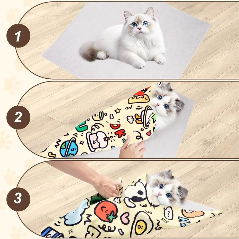 پارچه مخصوص اصلاح و نگهداری گربه آزونی، پارچه محدود کننده گربه، پارچه قنداق گربه با قابلیت چسبندگی برای کوتاه کردن ناخن، خوراندن دارو، مسواک زدن، تمیز کردن گوش (55 × 55 سانتی متر)