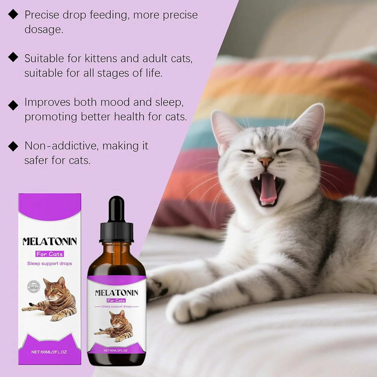آرام‌بخش گربه - قطره آرام‌بخش گربه 60 میلی‌لیتری، کمک به تسکین خواب، مکمل حمایت از خواب ضد پرخاشگری برای حمام کردن، میو میو کردن، خوابیدن، شبانه روزی، مسافرت، داخل خانه