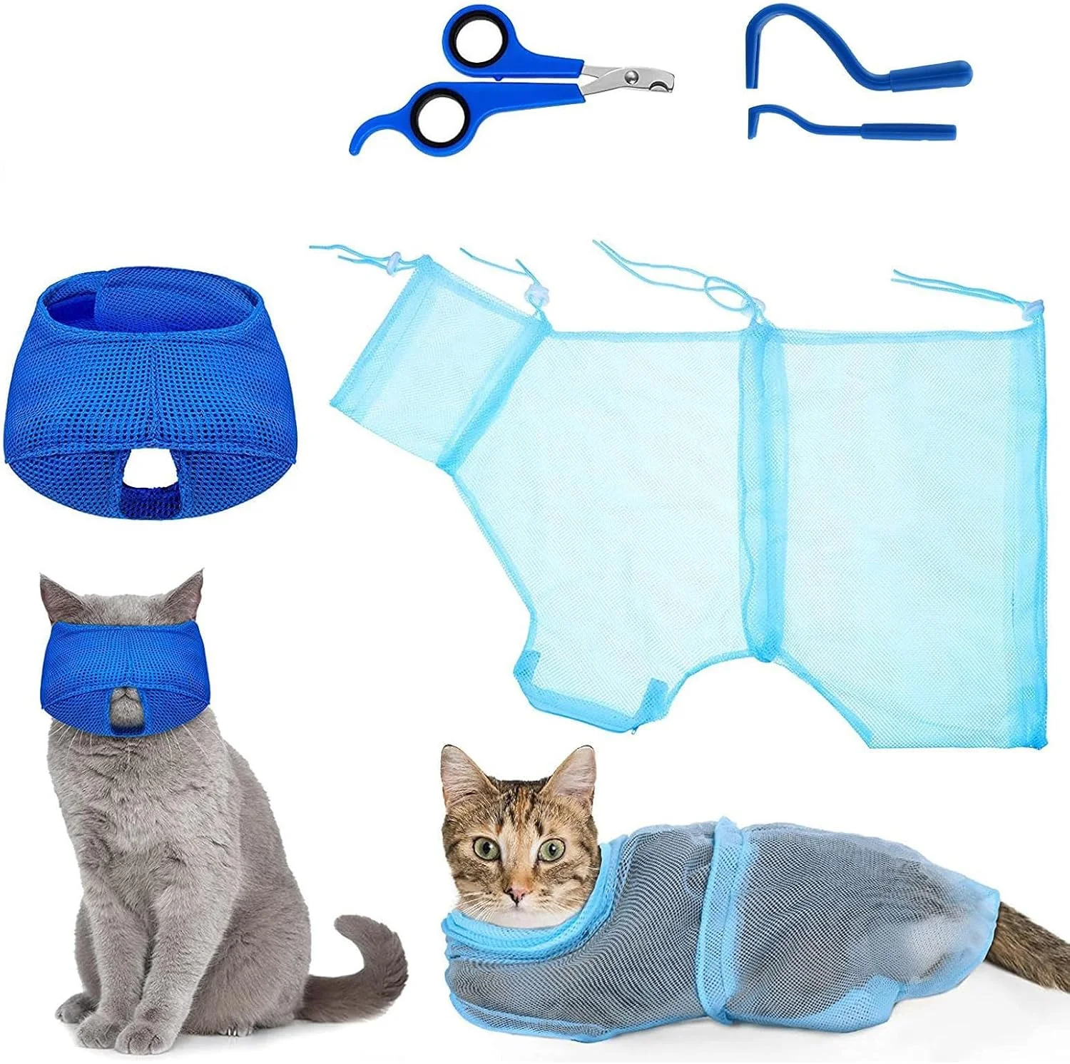 کیف حمام گربه، ست کیف شستشوی گربه، توری حمام حیوانات خانگی قابل تنظیم - مراقبت از پنجه تنفسی با موچین کنه گیر، ناخن گیر، لوازم حمام قابل تنظیم برای شستشو و پیرایش خرگوش