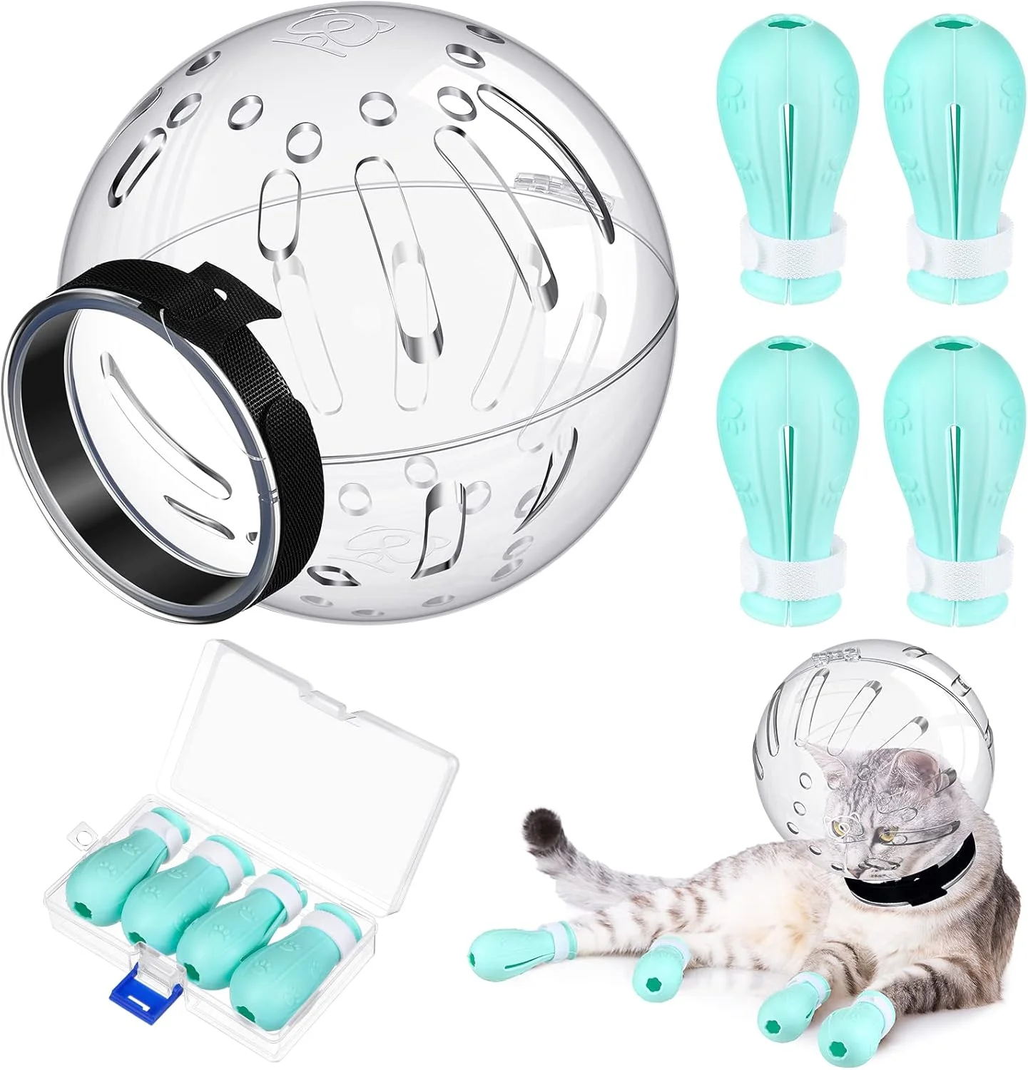 ماسک گربه برای آرایشگری - کلاه قابل تنظیم با روکش پنجه، ماسک های تنفسی ضد گاز گرفتن، چکمه های ضد خش، کفش های سیلیکونی برای حمام و اصلاح (متوسط)