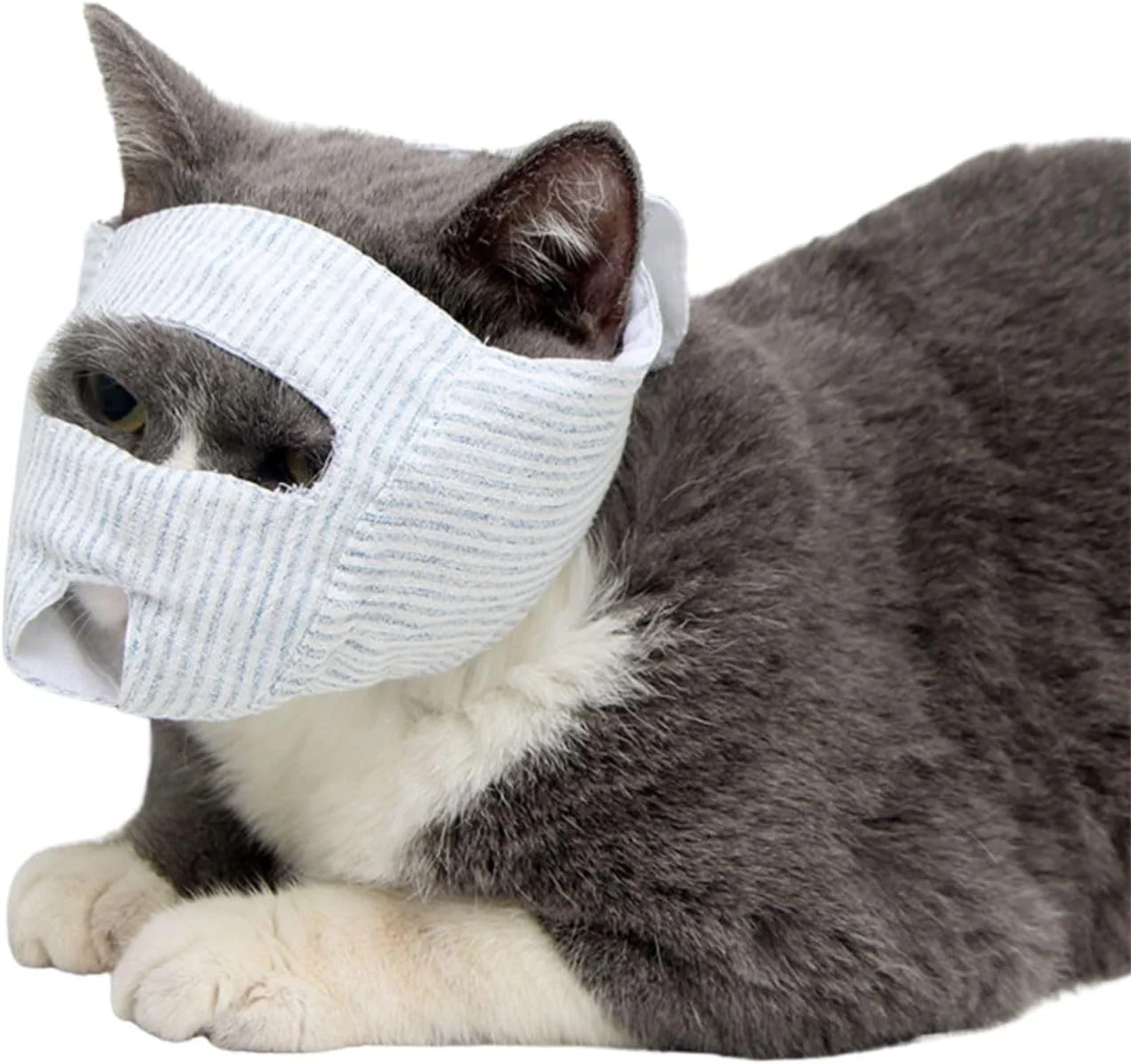 پوزه‌بند تنفسی گربه، لوازم گربه برای جلوگیری از گاز گرفتن، جویدن و خراشیدن، ماسک مهار گربه پنبه ای برای نظافت و کوتاه کردن ناخن - سایز M (مدل چشم باز)