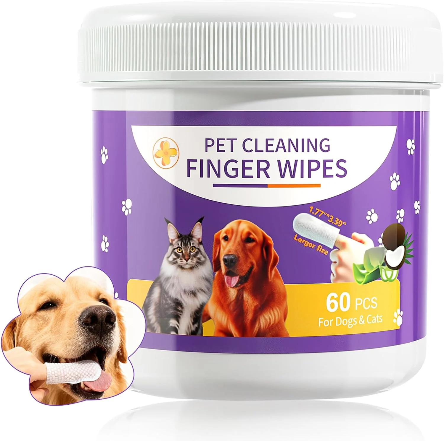 دستمال مرطوب انگشتی تمیز کننده دندان سگ و گربه MeCids، بسته 60 عددی، ابزار تمیز کردن دندان حیوانات خانگی، مناسب برای سگ های کوچک و گربه ها