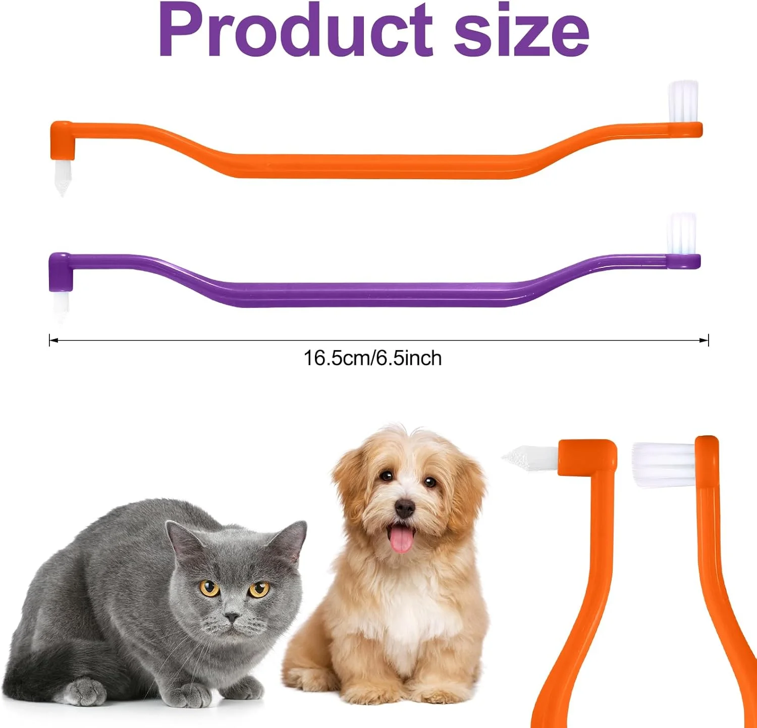 2 عدد مسواک گربه، برس تمیز کننده دندان گربه دو طرفه با سر برس میکرو و دسته منحنی برای تمیز کردن عمیق لوازم مراقبت از دندان بچه گربه (نارنجی بنفش)