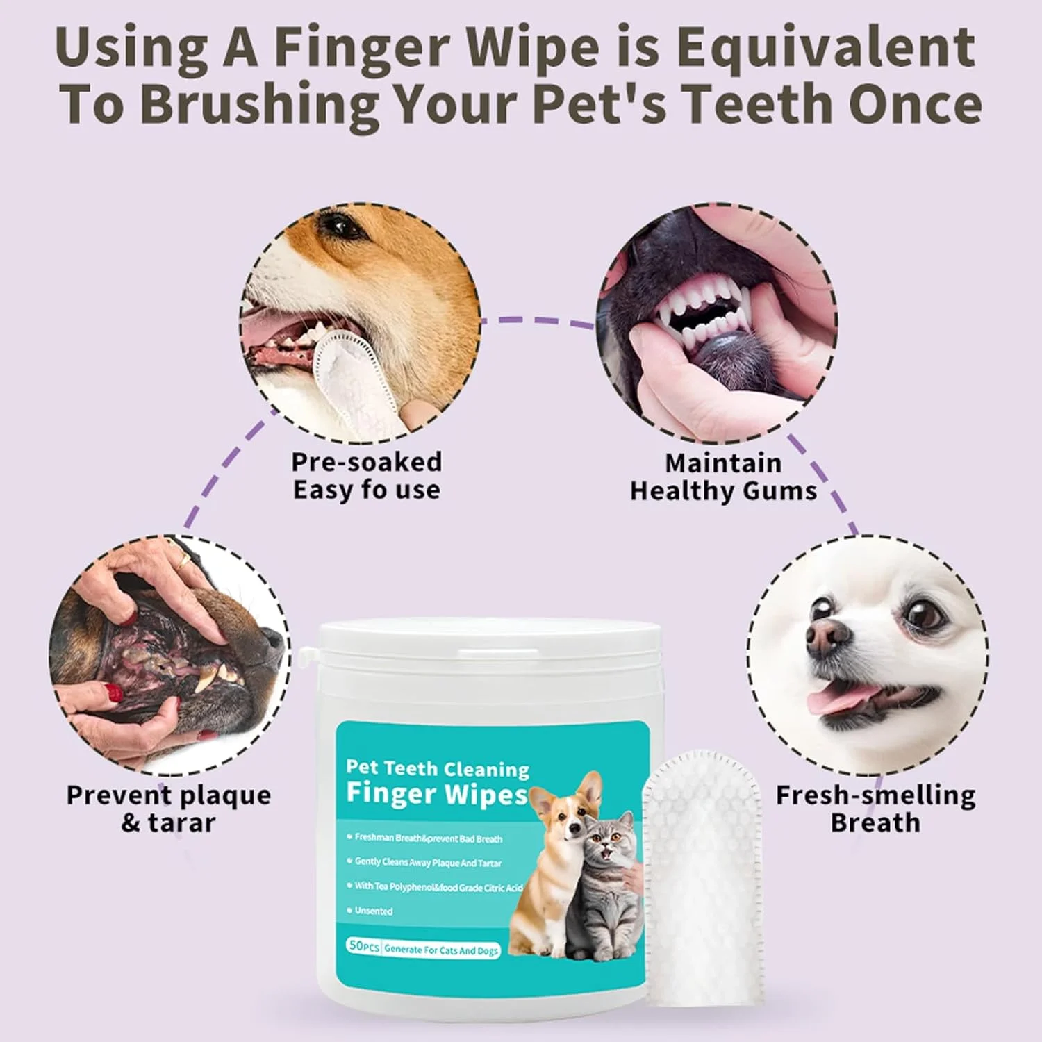 دستمال مرطوب انگشتی تمیز کننده دندان سگ و گربه، مراقبت از دندان حیوانات خانگی با کاهش پلاک و جرم، از بین بردن بوی بد دهان، دستمال مرطوب یکبار مصرف ملایم برای مراقبت از لثه حیوانات خانگی، 50 عدد