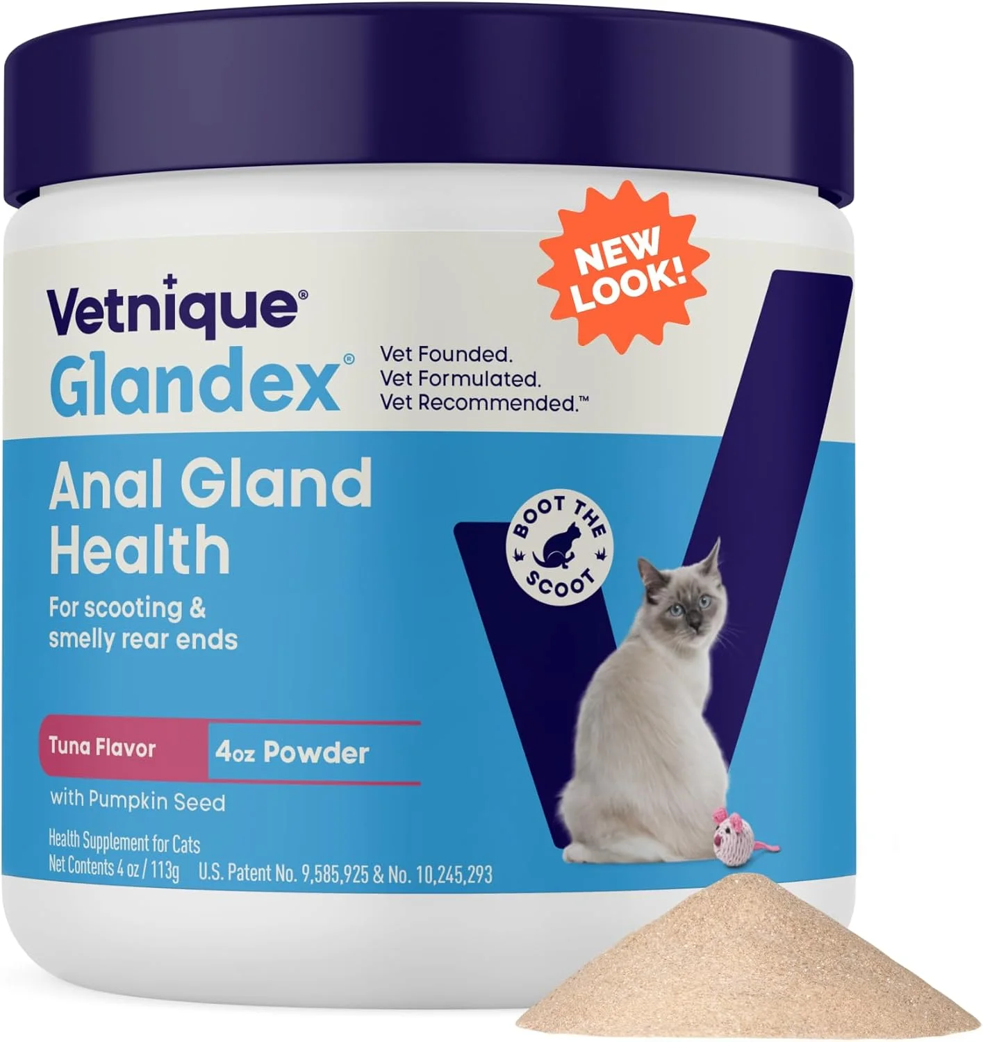 پودر مکمل فیبر پروبیوتیک روزانه Vetnique Glandex برای گربه ها با آنزیم گوارشی، پروبیوتیک ها و کدو تنبل، توصیه شده توسط دامپزشکان برای روده های سالم (113 گرم، پودر غدد - ماهی تن)