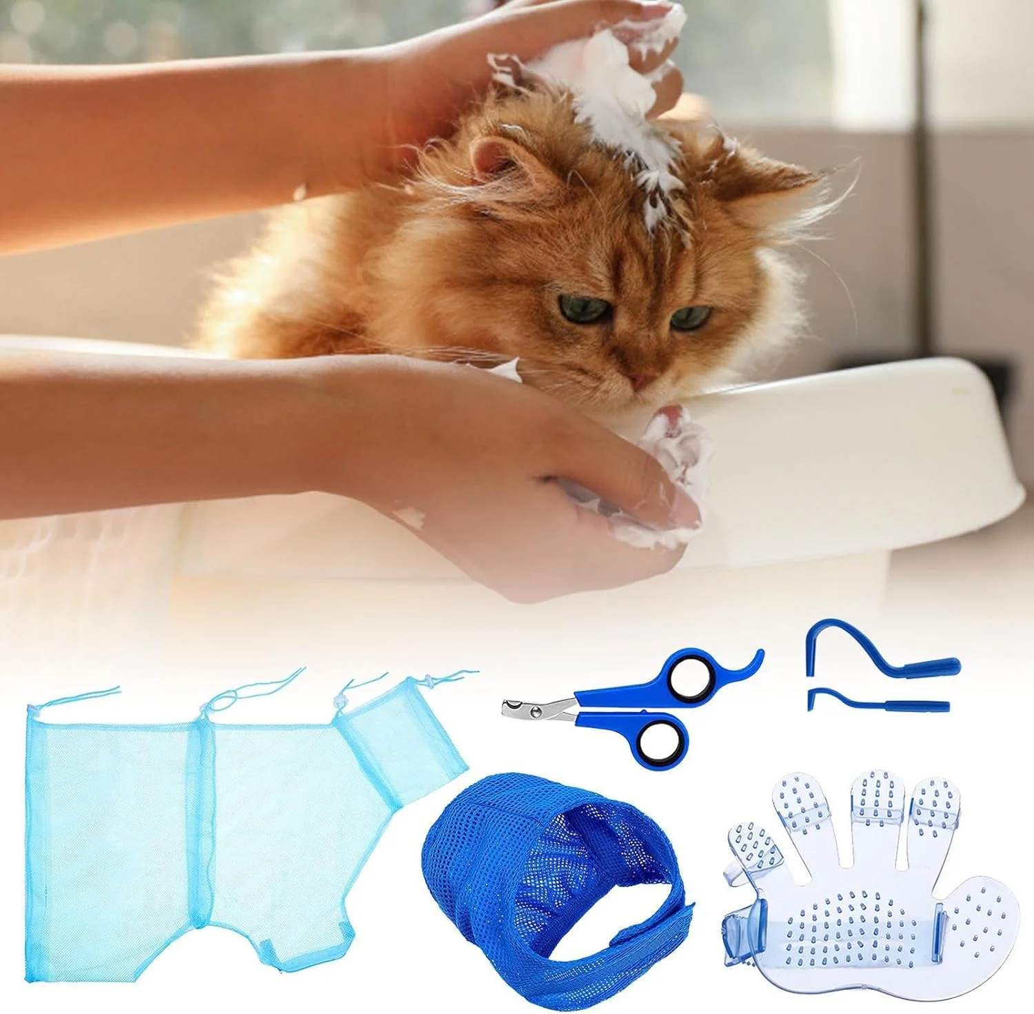 کیف حمام گربه | کیف حمام گربه ضد خش، نظافت و مراقبت از پنجه حیوانات خانگی با لوازم پیرایش و تمیز کردن ناخن گیر برای گربه های داخل خانه و بچه گربه