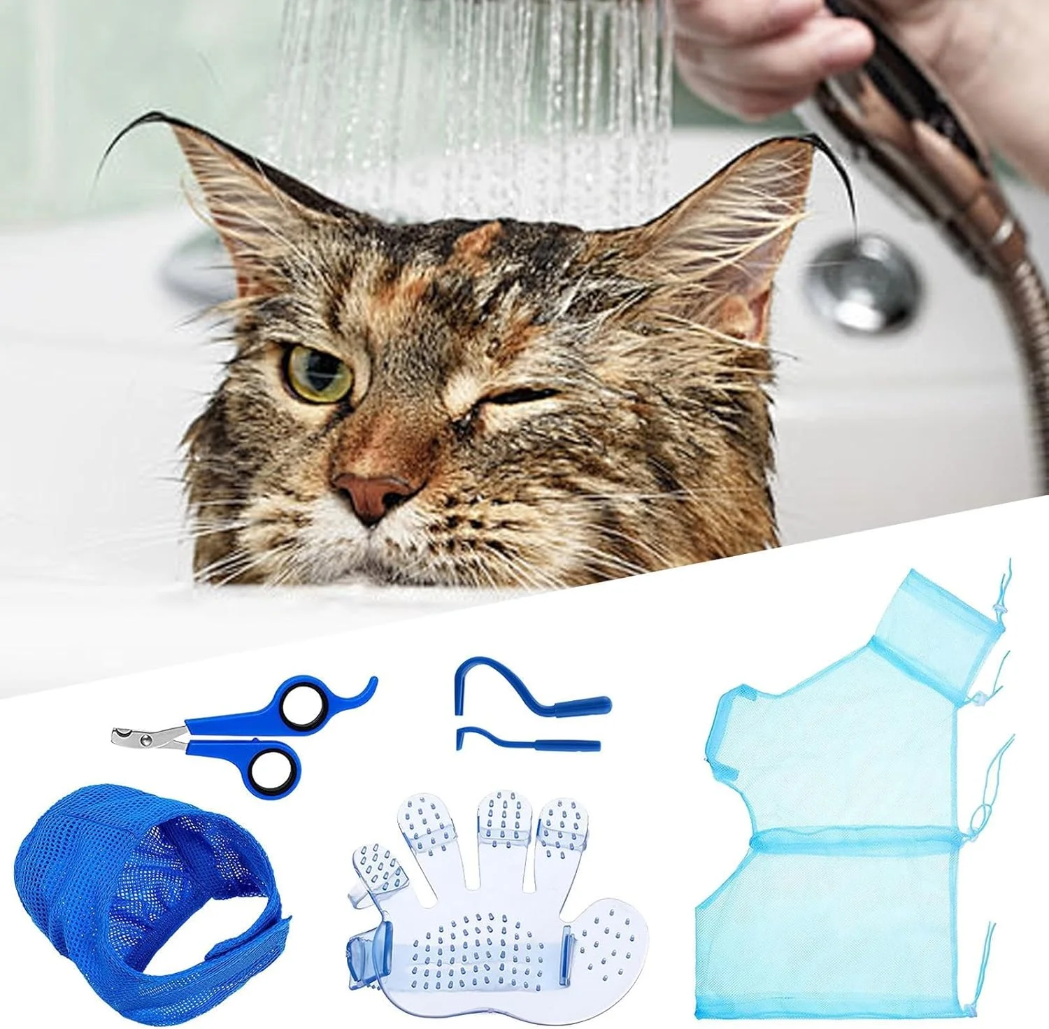 کیف حمام گربه، ست کیسه شستشوی گربه، توری حمام حیوانات خانگی قابل تنظیم، لوازم حمام مراقبت از پنجه قابل تنظیم با ابزار حذف کنه برای نژادهای کوچک گربه و سگ