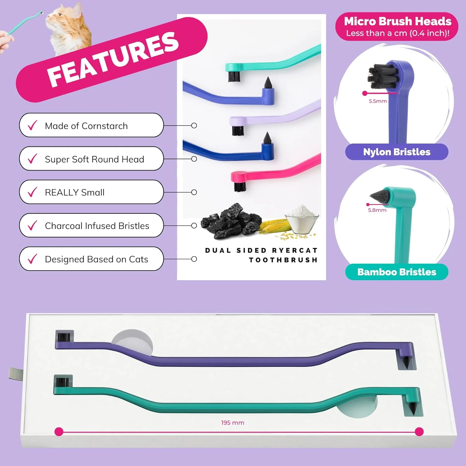 مجموعه 2 عددی مسواک گربه دو طرفه RYERCAT - مسواک بچه گربه با سر میکرو برای قرارگیری در دهان گربه/بچه گربه - لوازم مراقبت از دندان گربه - مسواک حیوانات خانگی برای گربه ها (بنفش آمیتیست و آبی اقیانوسی)