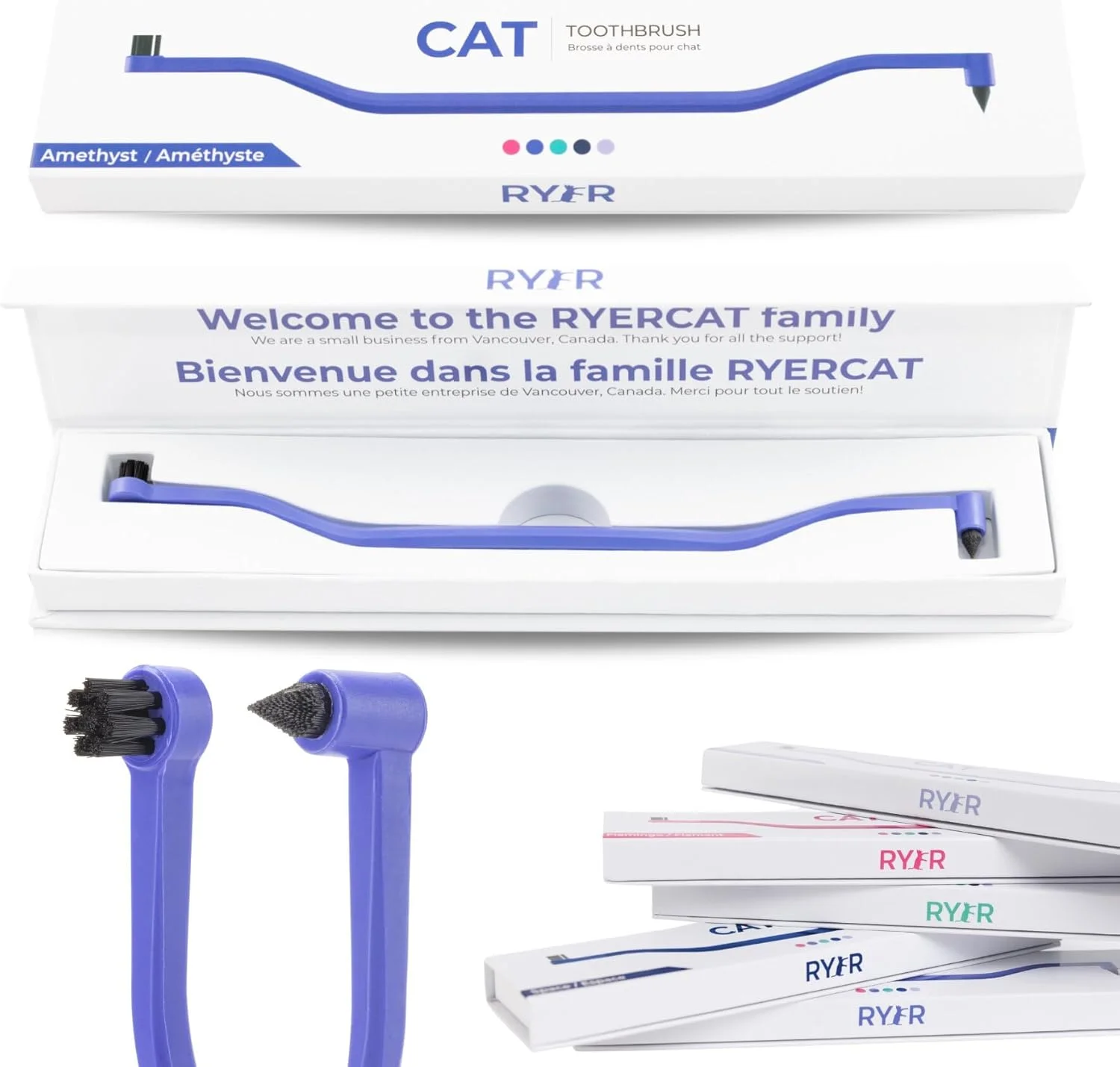 مسواک دو طرفه گربه RYERCAT - مسواک بچه گربه فقط 8 میلی متر عرض (بسیار کوچک) مناسب برای دهان گربه/بچه گربه - لوازم مراقبت از دندان گربه - مسواک حیوانات خانگی برای گربه ها (بنفش آمتیست)